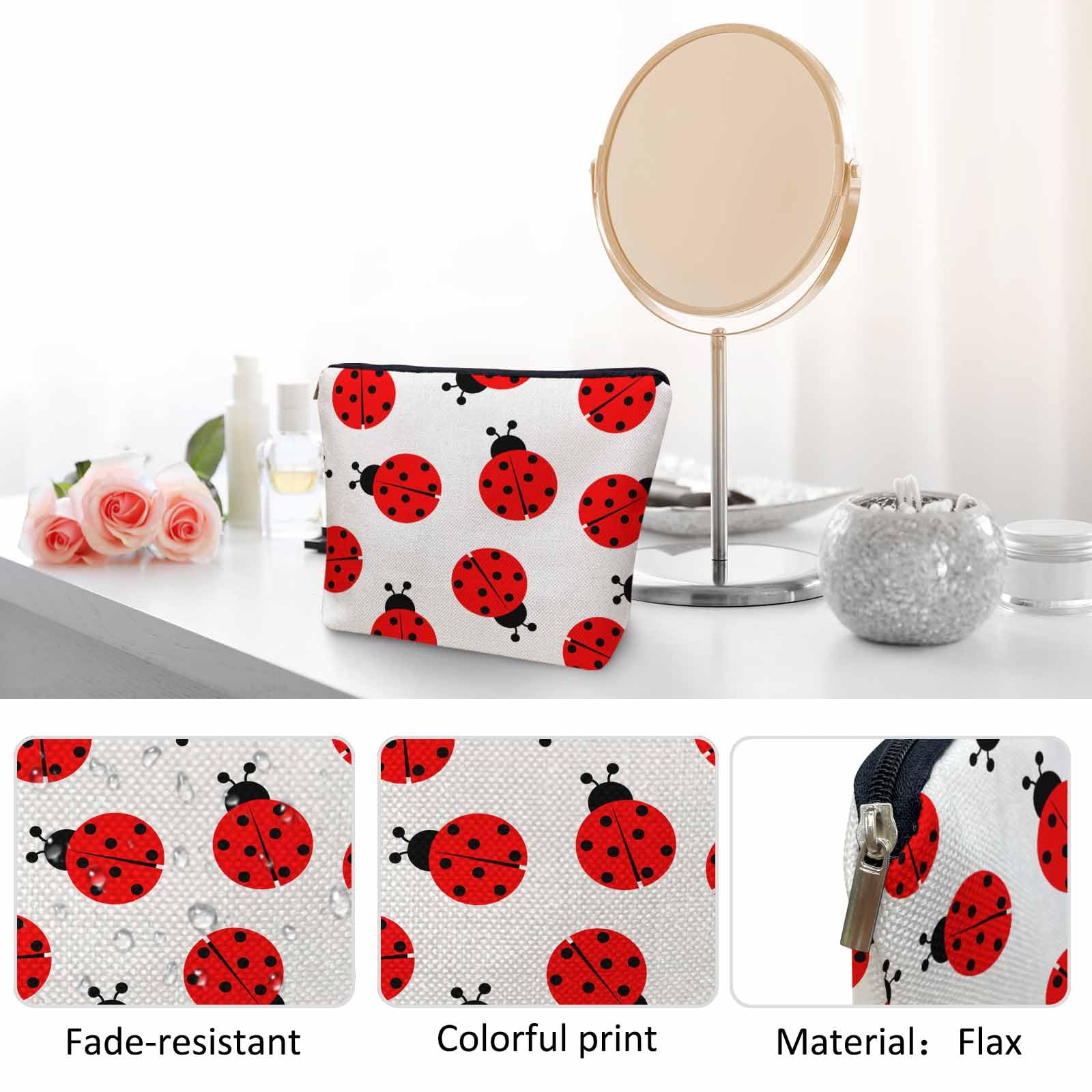 Ladybug Cosmetic Bags for Women - Roomy Waterproof Makeup & Toiletry Organizer Pouch - Perfect for Travel, Gym, Camping & Bathroom Storage (Red)