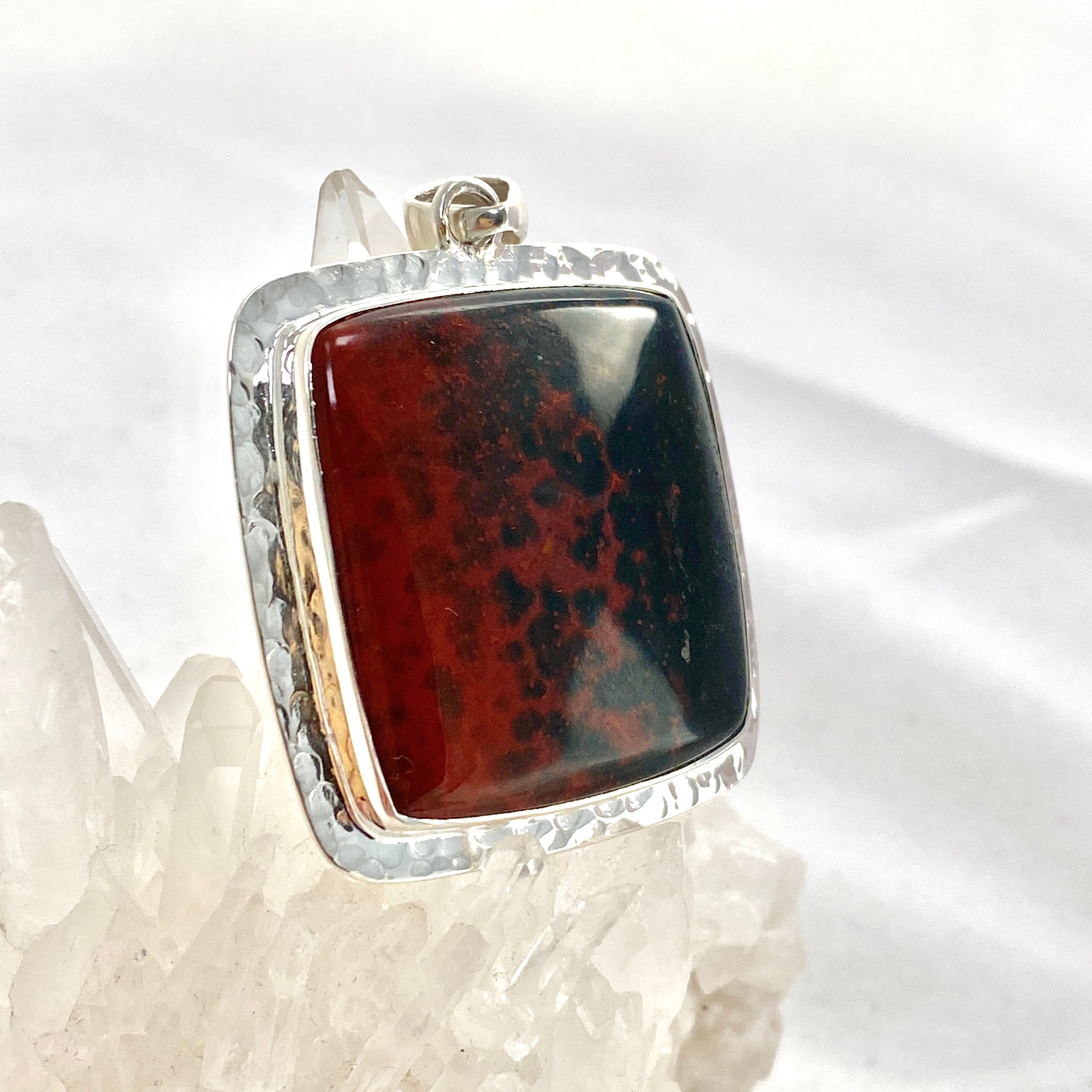 Natural Bloodstone Square Cabochon Pendant in Hammered Sterling Silver Setting KPGJ4743 - Perfect for Healing Jewelry, Meditation & Spiritual Gifts