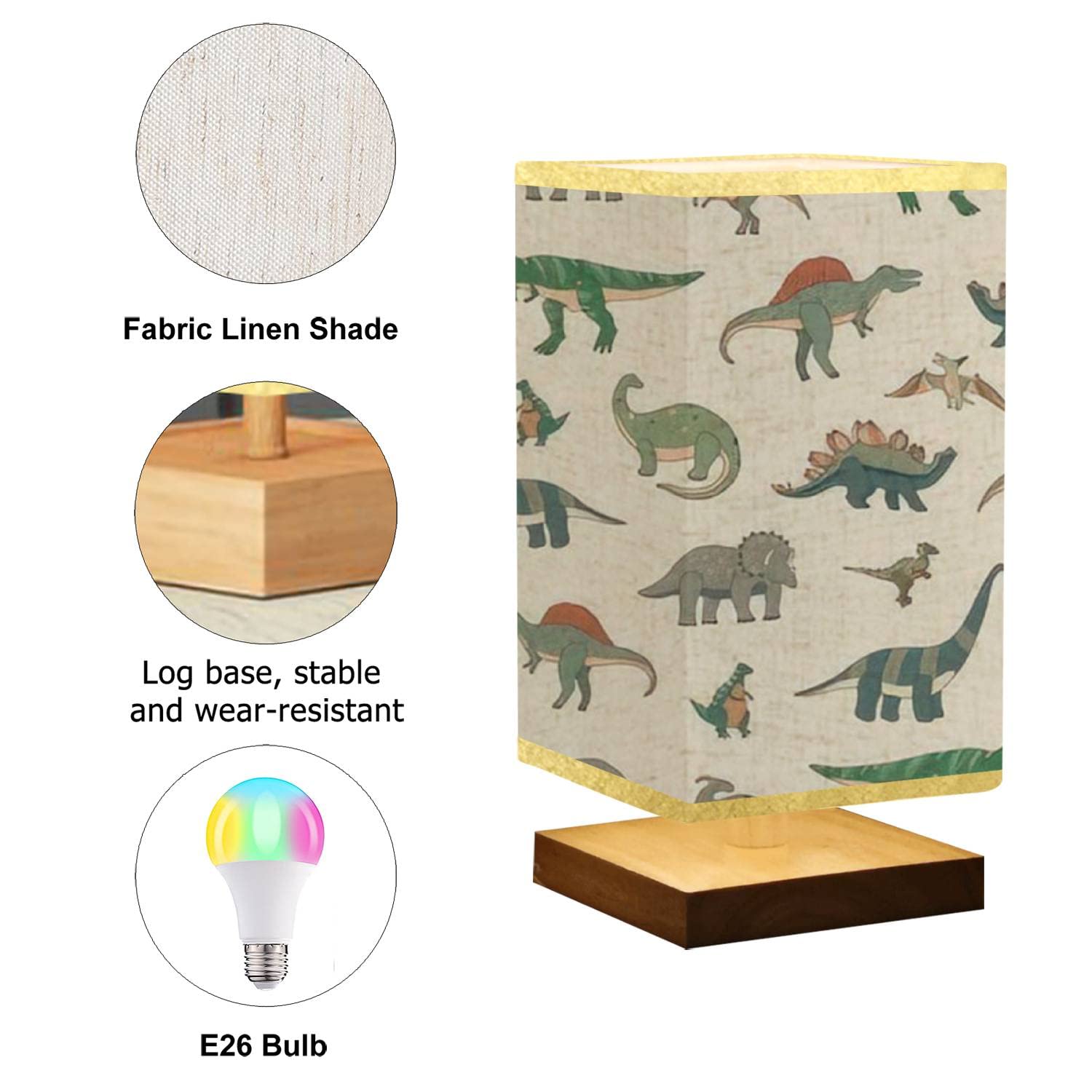 Dimmable Square Bedside Table Lamp with Dinosaur Cartoon Design - Wooden Base & Flaxen Fabric Shade for Bedroom, Living Room, Nursery | Perfect Nightstand Lamp for Kids' Room, Reading Nook & Cozy Spaces