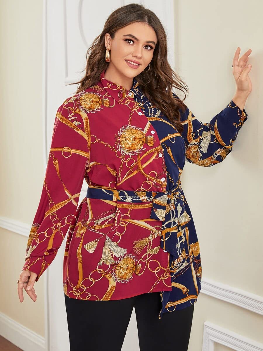 TINMIIR Women's Plus Size Chain Print Colorblock Asymmetrical Hem Belted Blouse - Multicolor 1XL | Stylish Office Wear & Casual Outfit