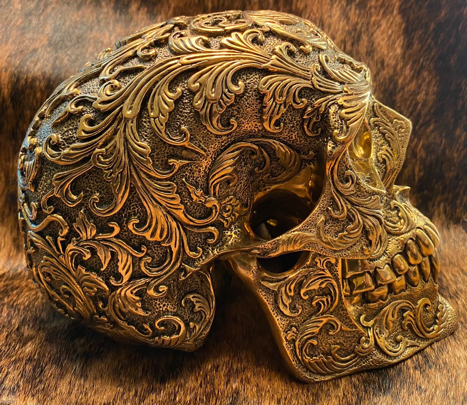 Bronze Floral Life-Sized Skull Statue - Gothic Home Decor for Halloween, Day of the Dead, and Dark Aesthetic Interior Design