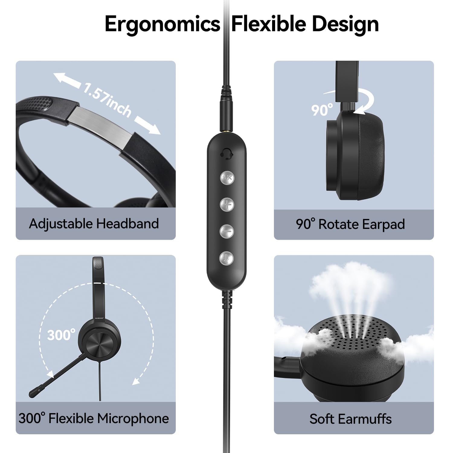 AUSDOM USB Computer Headset with Microphone - Noise Cancelling Wired Headphones with In-line Controls, 3.5mm/USB-A/USB-C Compatible for PC, Laptop, Phone | Perfect for Home Office, Online Classes, Zoom/Skype Meetings & Gaming