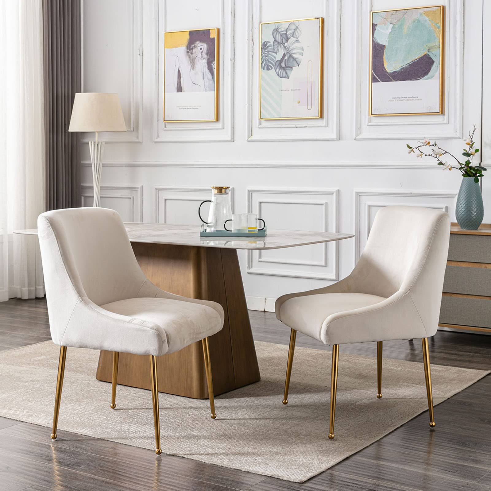 Premium Velvet Dining Chairs Set of 2 - Modern Upholstered Accent Chairs with Gold Metal Legs for Kitchen, Dining Room, Living Room & Bedroom - Soft Cream Velvet Fabric - Perfect for Entertaining, Family Meals & Home Decor