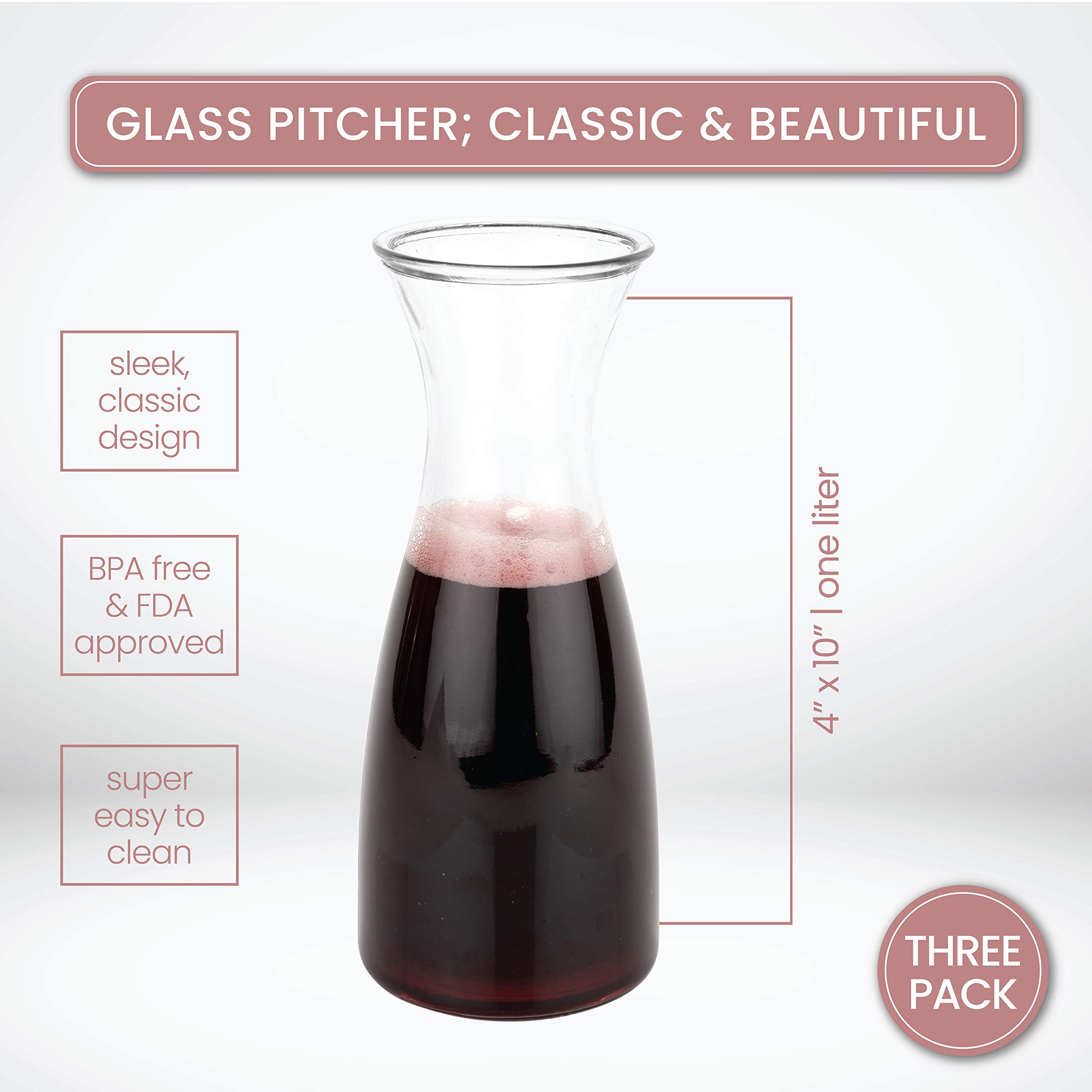 3-Piece Glass Carafe Set - 1 Liter Pitchers for Party & Home Use - 10 Inch Tall Glass Jugs for Water, Milk or Juice - Perfect for Entertaining, Dining & Kitchen Storage