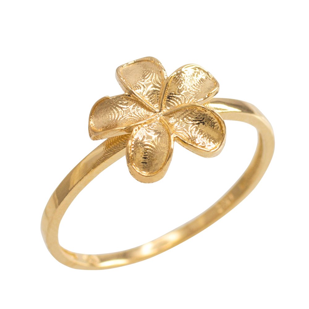 10k Yellow Gold Hawaiian Plumeria Flower Ring - Dainty Floral Jewelry for Women, Perfect for Beach Weddings, Tropical Vacations & Everyday Elegance