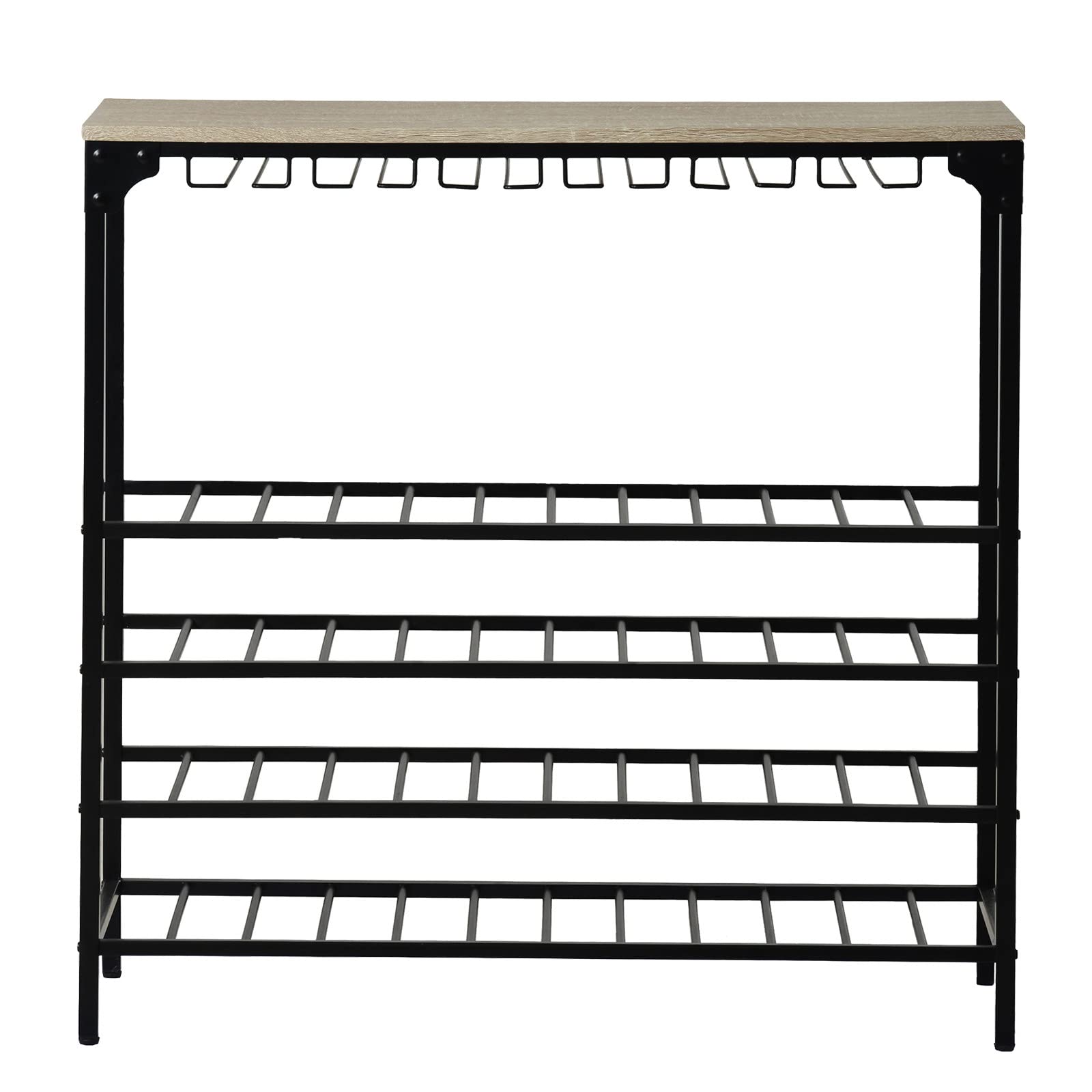 5-Tier Rustic Metal Wine Rack for Kitchen & Dining Room - Free Standing Floor Wine Bottle Organizer with Glass Holders (40 Bottle Capacity, Light Brown) | Perfect for Home Bars, Wine Cellars & Entertaining Spaces