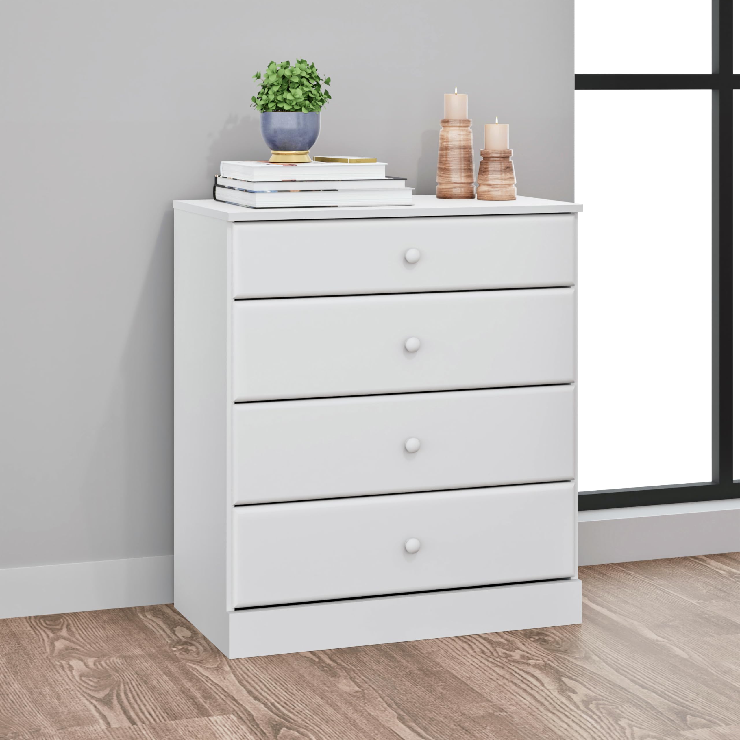 Prepac Astrid 4-Drawer Dresser for Bedroom - White Modern Chest of Drawers 18.25