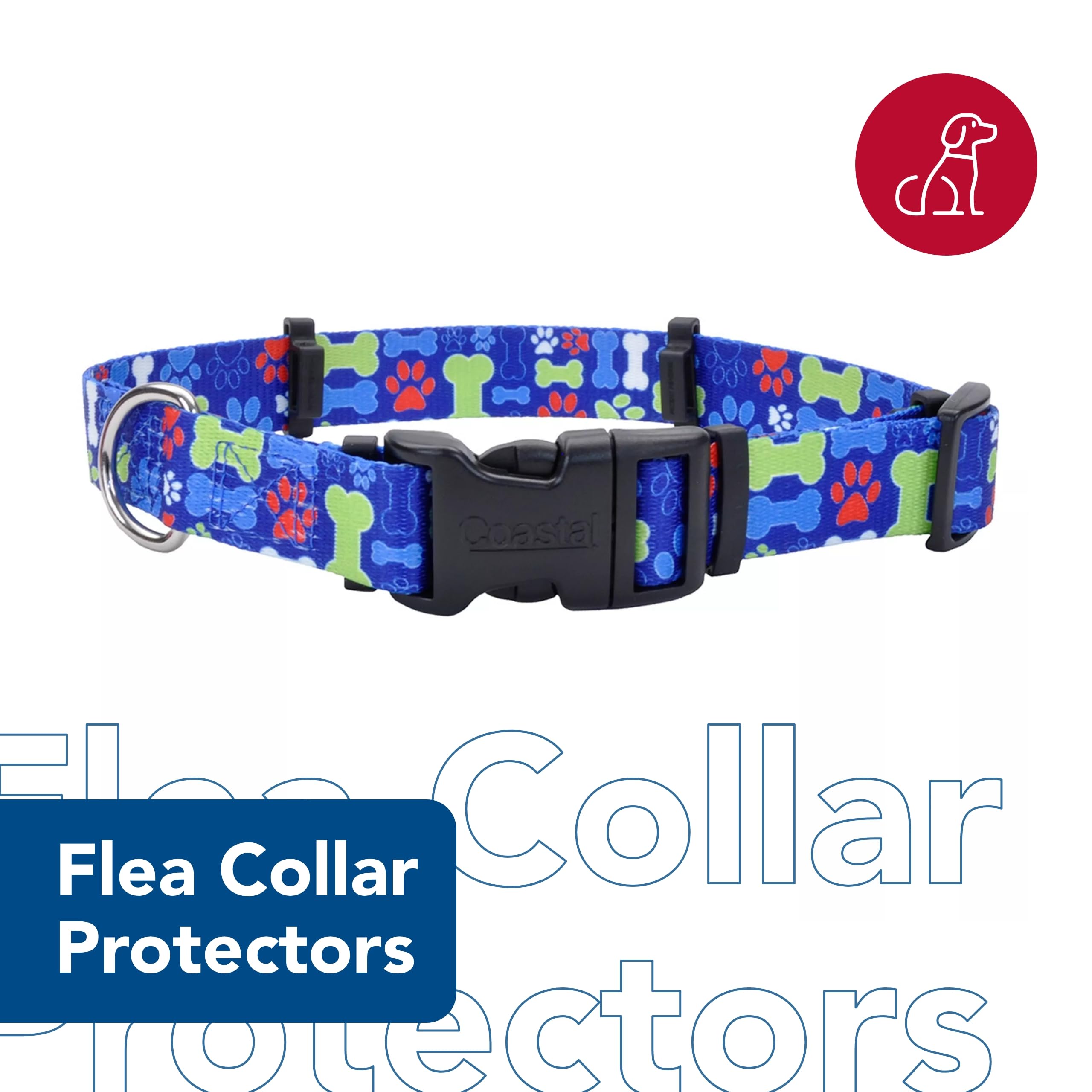 Adjustable Flea Collar Protector for Dogs & Puppies - Coastal Pet SecureAway Collar Cover - Multi Bones Design (5/8