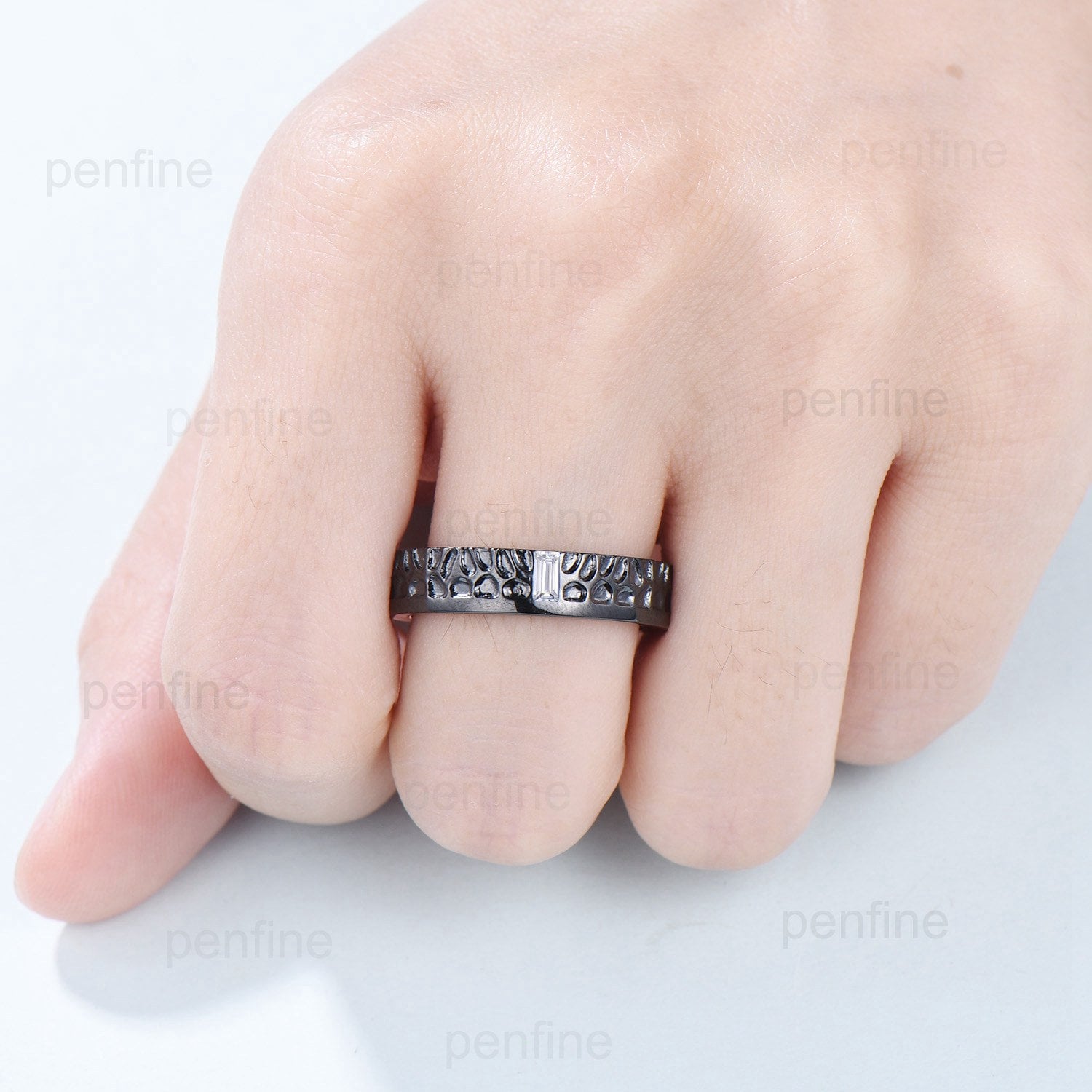 Black Gold Moissanite Men's Wedding Band - 5mm Baguette Hammered Solitaire Ring for Him, Stackable Matching Set, Vintage Retro Style - Perfect for Anniversaries, Engagements & Special Occasions