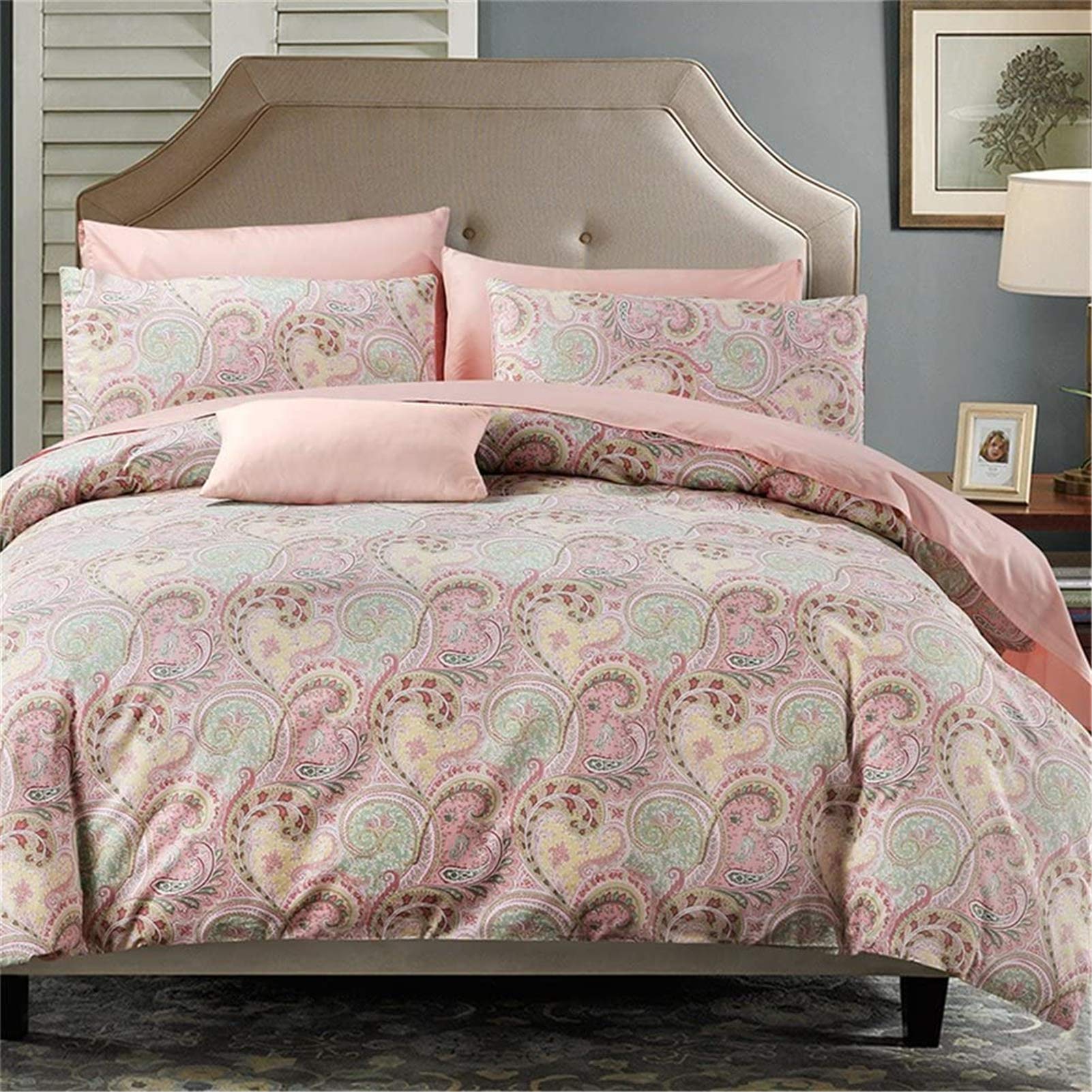 ABREEZE Paisley Duvet Cover Set Cal King Size - 1000TC Luxury Egyptian Cotton Bedding with Button Closure, Super Soft Boho Printed Design, 3-Piece Set for Girls Bedroom, Pink Damask Quilt Cover - Perfect for Boho Chic & Modern Home Decor