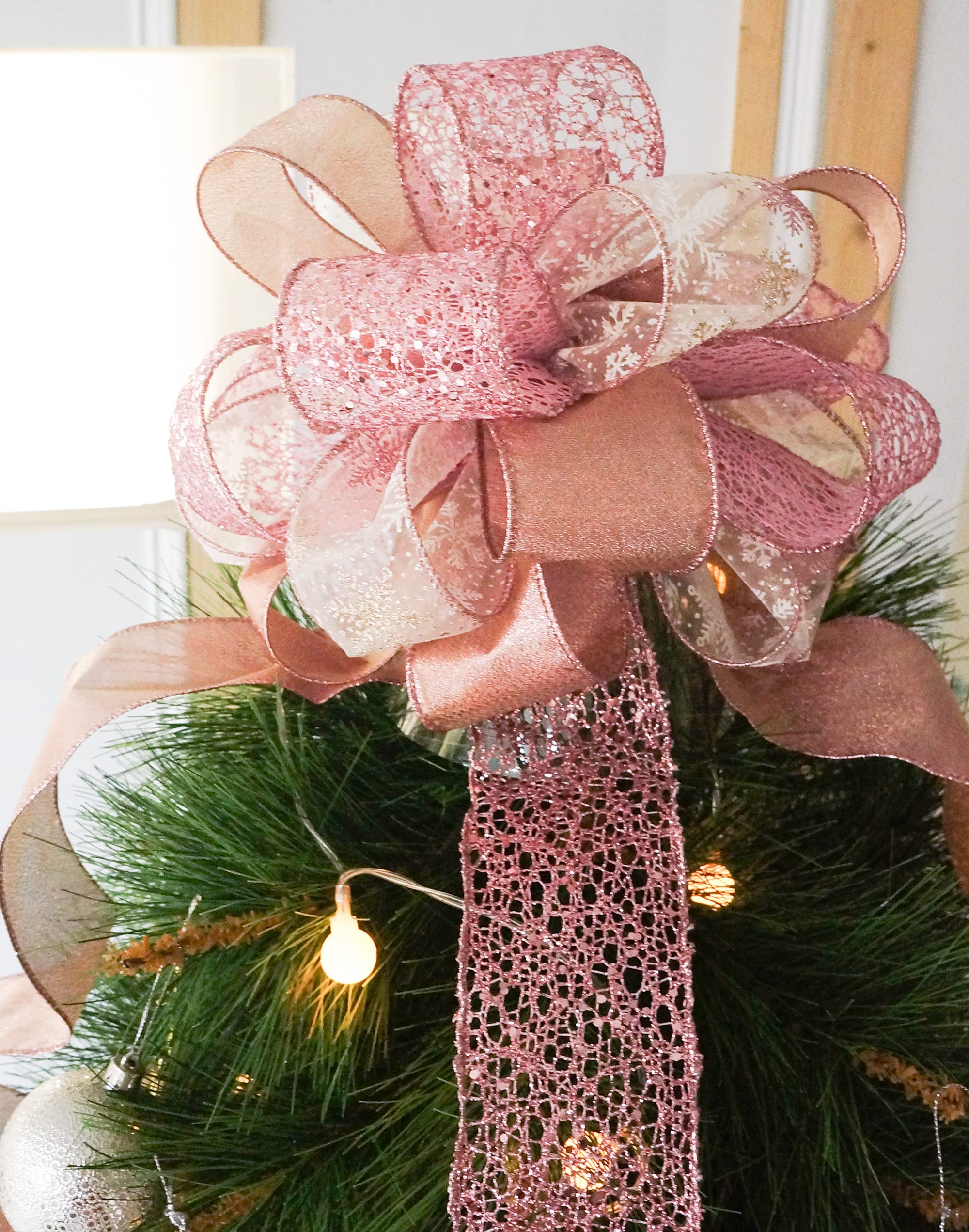Rose Gold Snowflake Christmas Tree Topper Bow - 11 Inch with 4 Ribbon Streamers (3 Yards Each) - Elegant Holiday Decor for Xmas Tree, Home, Party & Indoor Decoration