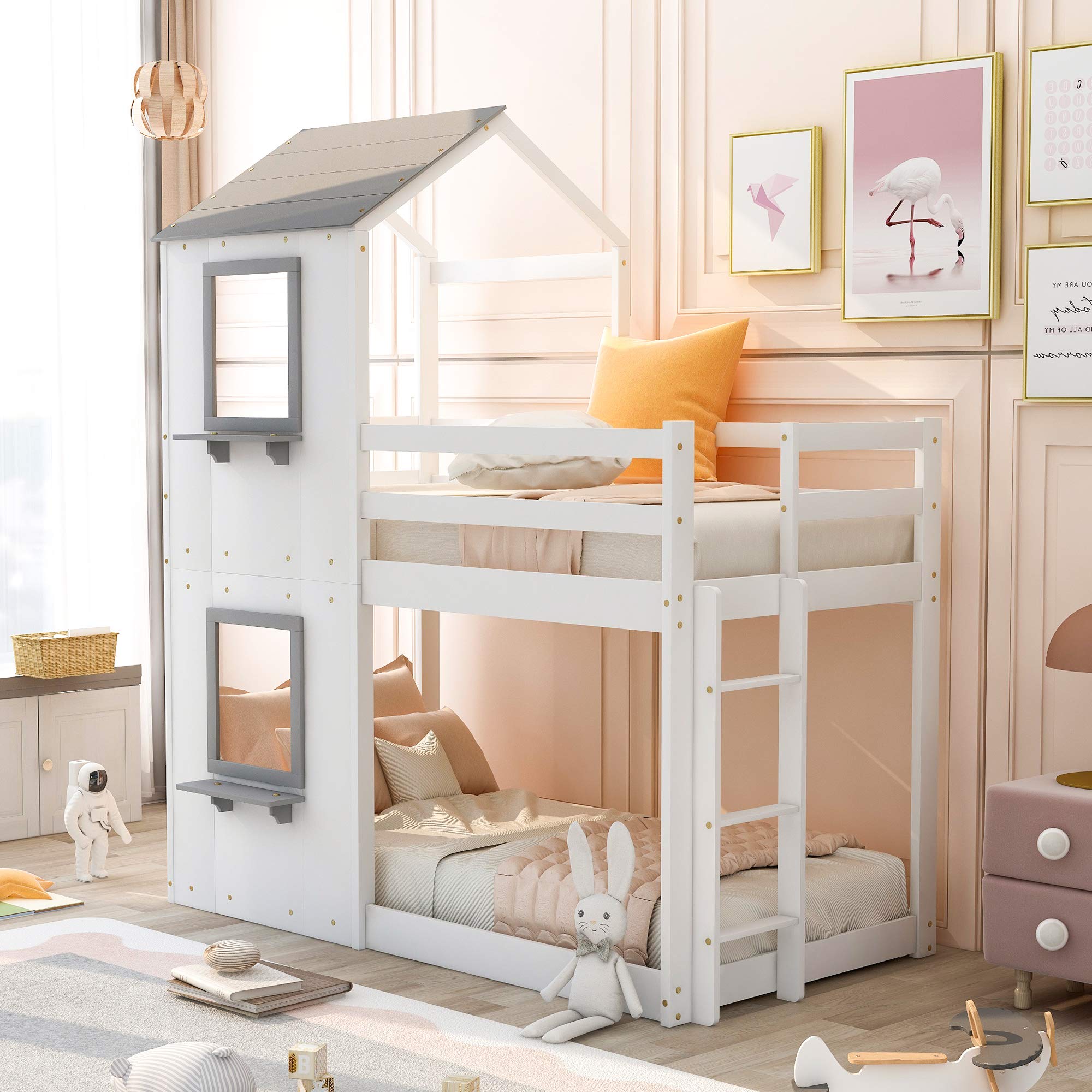 Kids Twin Over Twin Wooden Bunk Bed with Roof, Window & Guardrail - Sturdy Floor Bunk Bed Frame with Ladder, No Box Spring Needed (White & Gray) - Perfect for Small Bedrooms, Shared Kids Rooms & Space-Saving Sleep Solutions