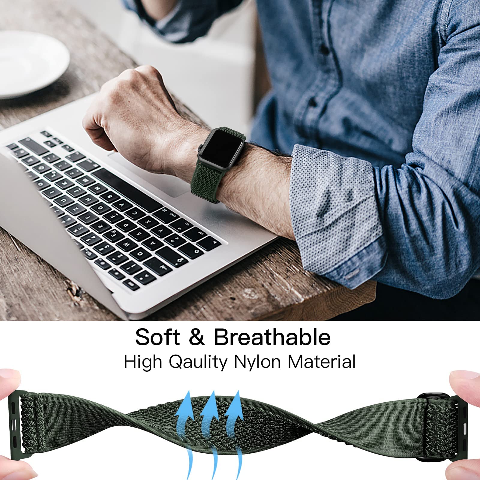 Lerobo Elastic Stretch Nylon Solo Loop Band for Apple Watch Ultra 2 49mm, Series 9/8/7/SE 45mm, 6/5/4/SE 44mm, 10/46mm, 3/2/1/42mm - Soft Braided Sport Strap for Men & Women (Green) | Perfect for Workouts, Running & Everyday Wear