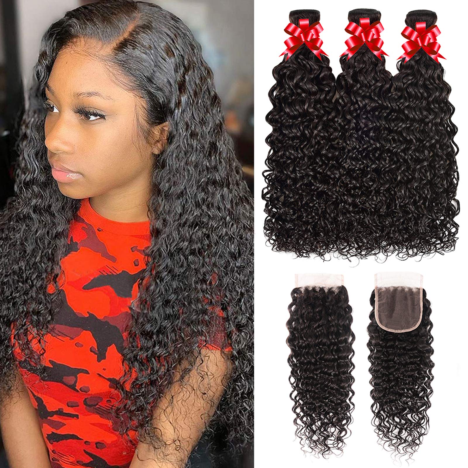 Brazilian Water Wave 3 Bundles with 4x4 Lace Closure - 100% Unprocessed Virgin Human Hair Weave (18