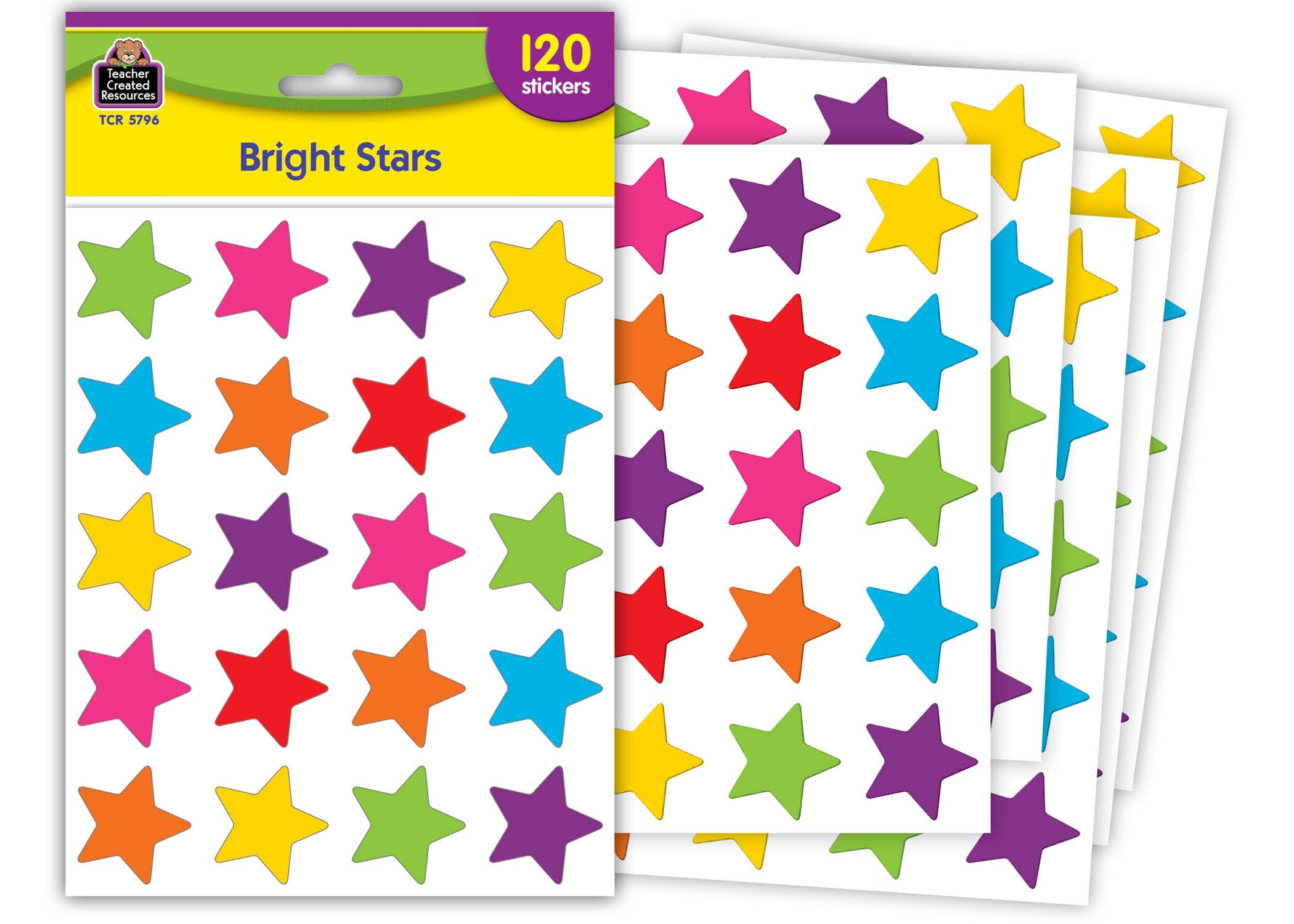 Teacher Created Resources® Bright Stars Stickers, 120 Pieces - Colorful Reward Stickers for Classroom, Homeschool, and Student Motivation
