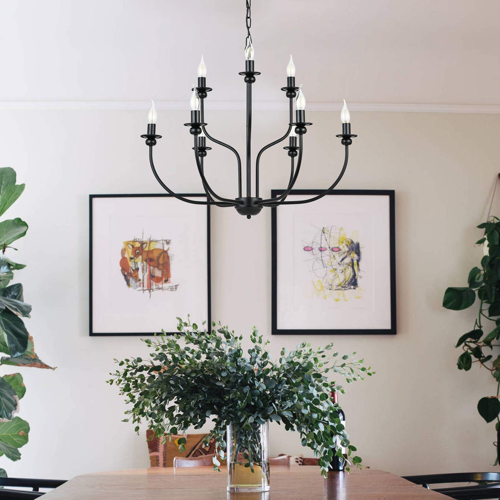 Vintage Industrial Chandelier Ceiling Light - 9-Head LED Hanging Lamp with Classic Candle Design, Black | Energy Saving & Long Lifespan | Perfect for Dining Room, Living Room, Bedroom or Foyer Lighting