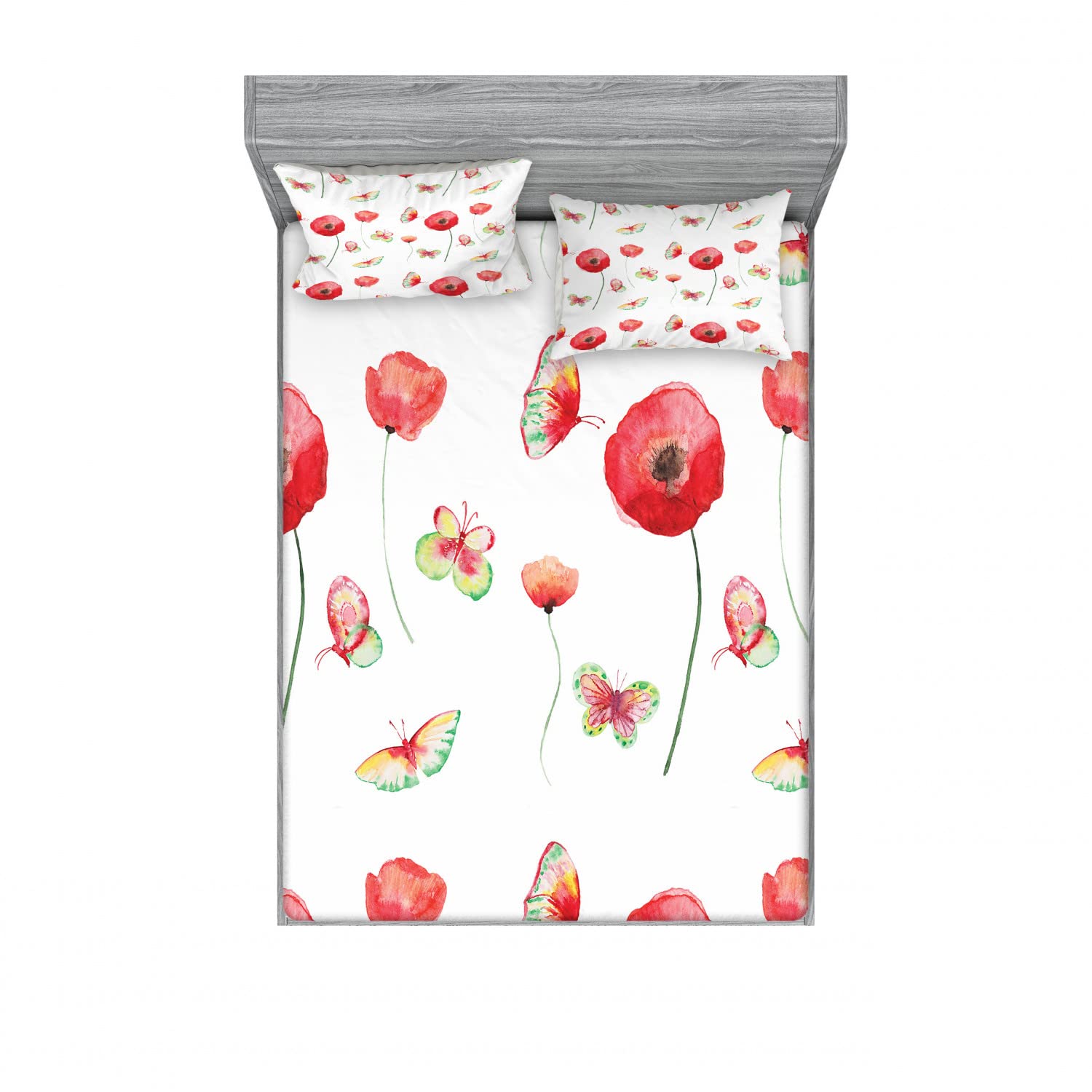 Ambesonne Vintage 2-Piece Queen Size Fitted Sheet Set with 4 Pillow Shams - Floral Butterfly Romance Design in Coconut & Red - Soft Bedding Decor for Guest Room, Master Bedroom, and Airbnb Rentals