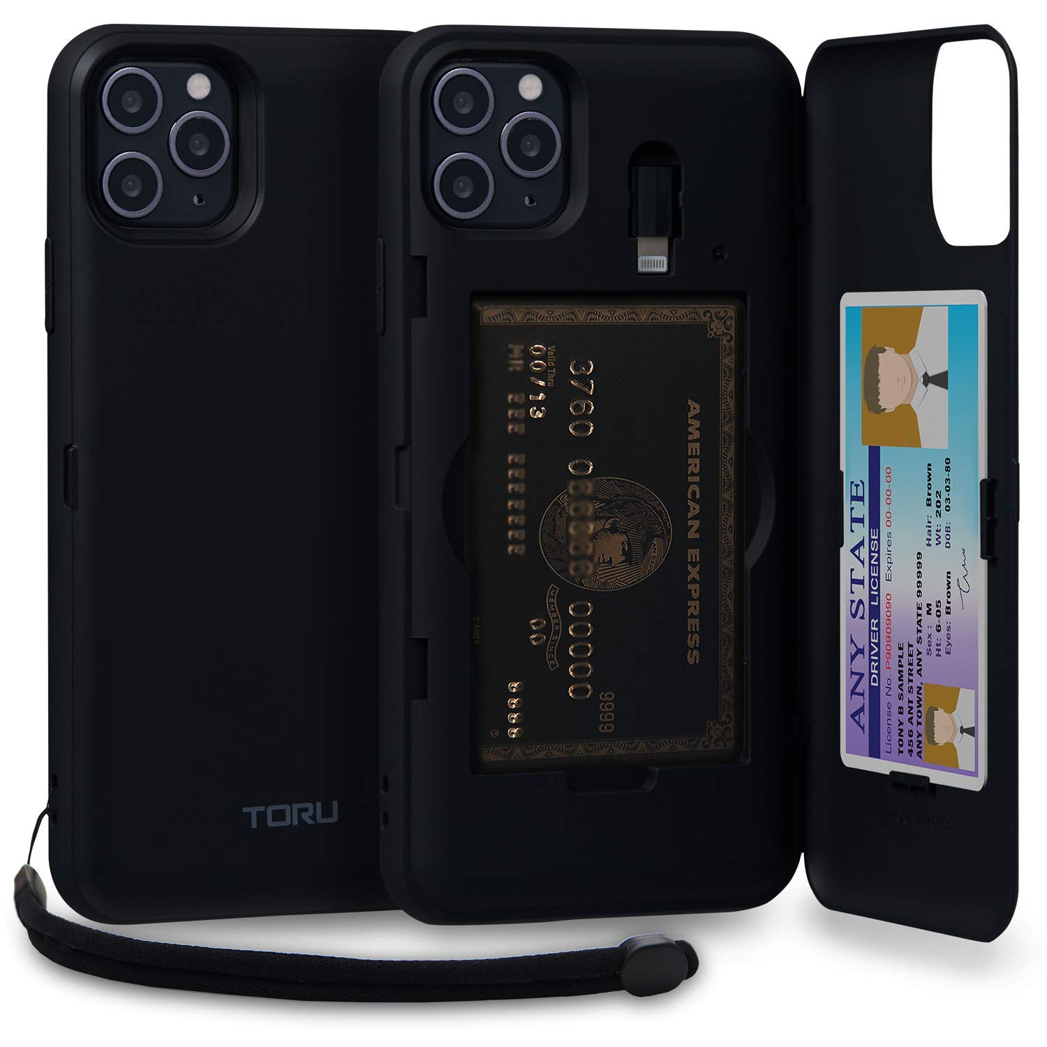 TORU CX PRO iPhone 11 Pro Max Wallet Case - Shockproof Protective Cover with Hidden Card Holder & Wrist Strap | Includes Mirror & Lightning Adapter | Perfect for Travel, Work & Everyday Use - Black