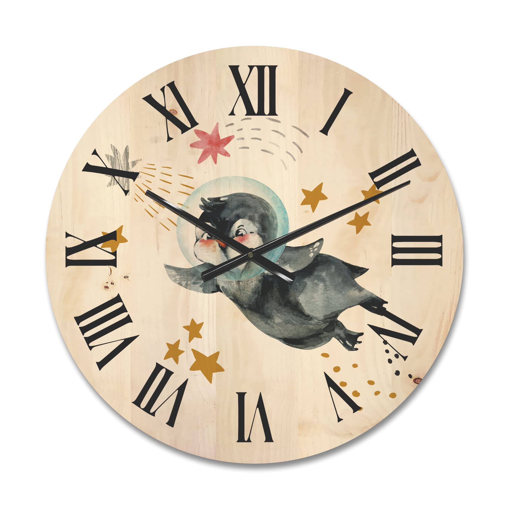 DesignQ 'Little Penguin Flying Planets and Stars' Large Farmhouse Wood Wall Clock - Oversized Decorative Animal Wall Clock for Living Room, Bedroom & Office Décor - Perfect for Home, Office and Gift Giving