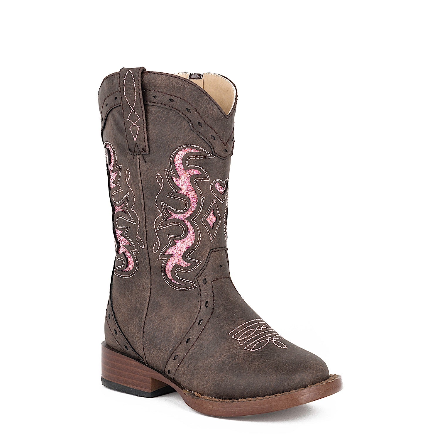 Roper TODDLER Lexi Boot - Chocolate & Pink Glitter Inlay Western Boots for Girls | Perfect for Cowgirl Costumes, Rodeo Events & Everyday Play