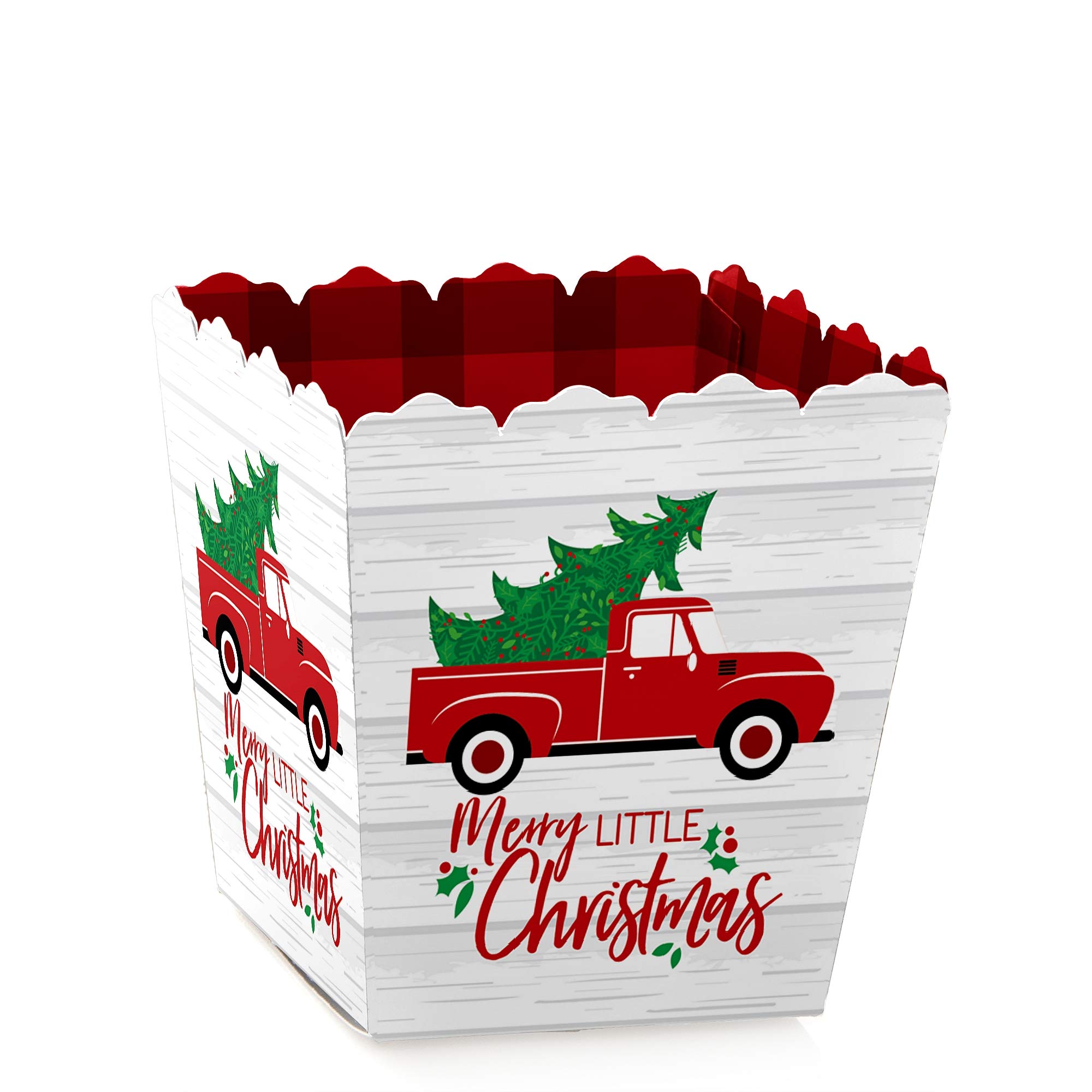 Big Dot of Happiness Merry Little Christmas Tree Mini Favor Boxes - Set of 12 Red Truck Christmas Party Treat Candy Boxes - Perfect for Holiday Parties, Gift Giving & Festive Celebrations