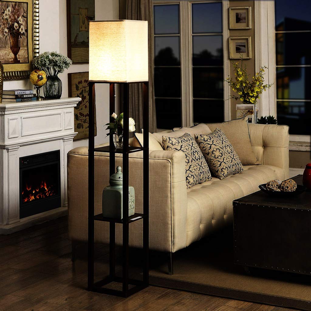 GAOXIN USB Bedside Floor Lamp with Shelves - Remote Control, Adjustable Brightness, Brown Wood Finish - Perfect for Living Room, Bedroom, and Reading Nook Lighting