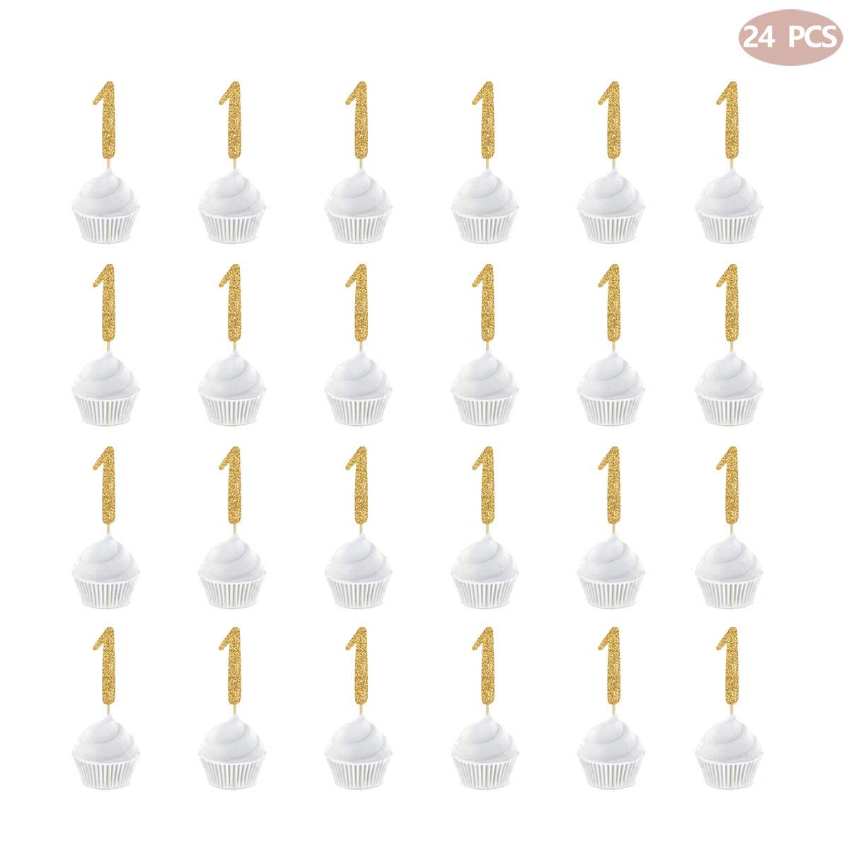 24-Pack Gold Happy 1st Birthday Cupcake Toppers with Glitter Number 1 - Baby Shower, Birthday Party Decorations for Girls & Boys - Perfect for Cakes, Cupcakes and Dessert Table Displays