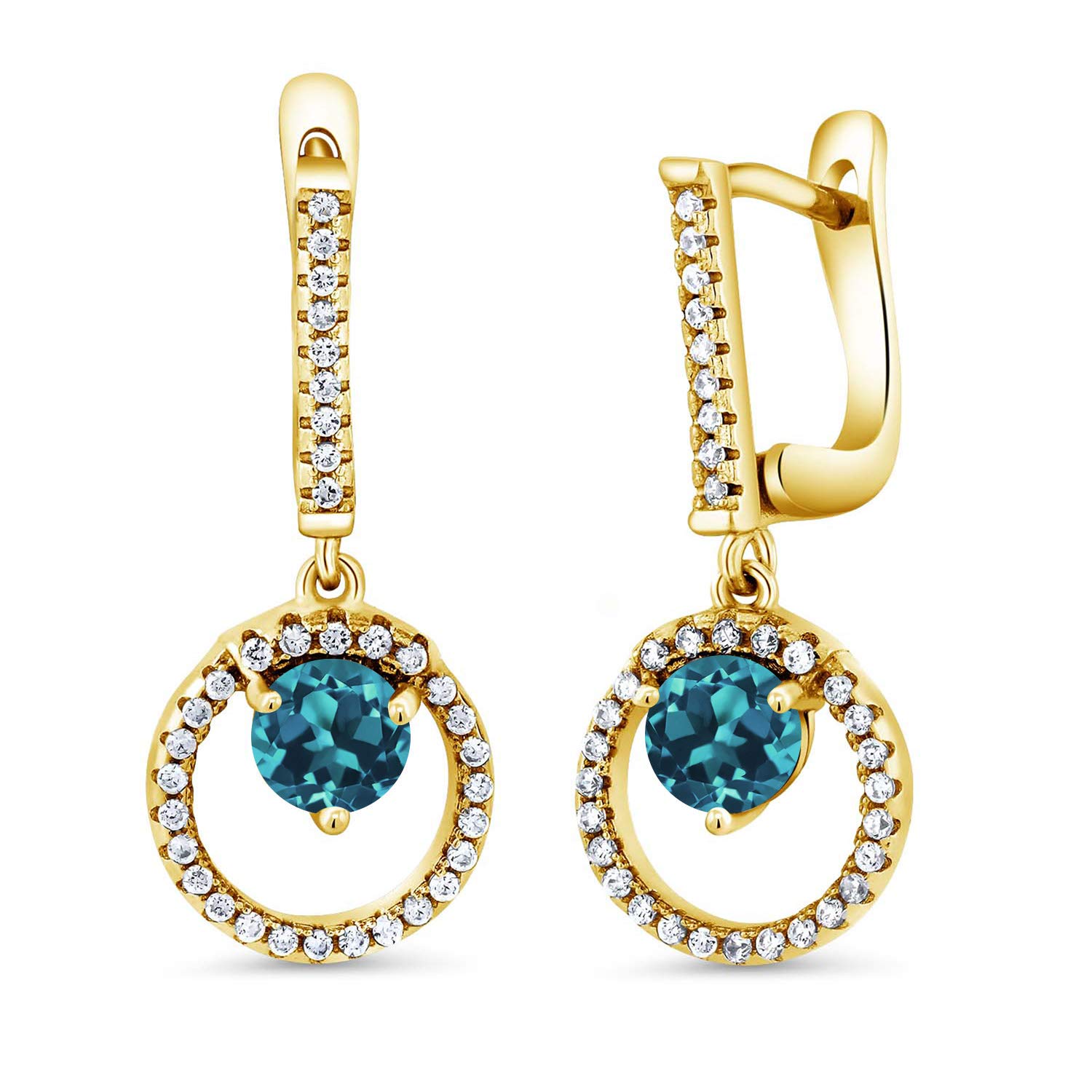 2.42 Ct Round London Blue Topaz Earrings in 18K Yellow Gold Plated Silver – Elegant Gemstone Jewelry for Women, Perfect for Weddings, Parties & Special Occasions