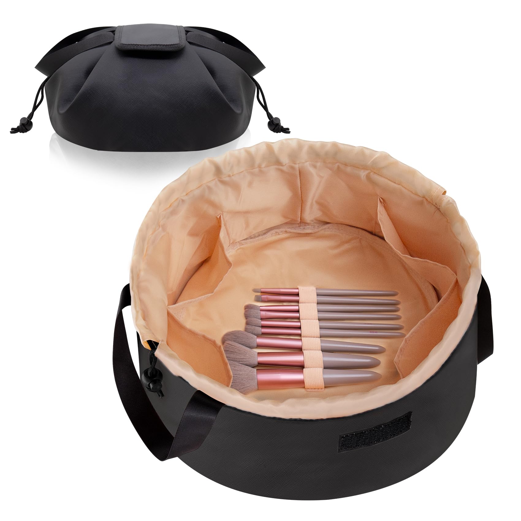 Large Leather Drawstring Makeup Organizer Bag - Waterproof Travel Cosmetic & Toiletry Pouch for Women's Brushes & Accessories (Black) - Perfect for Vacation, Gym, Daily Use & On-the-Go Organization