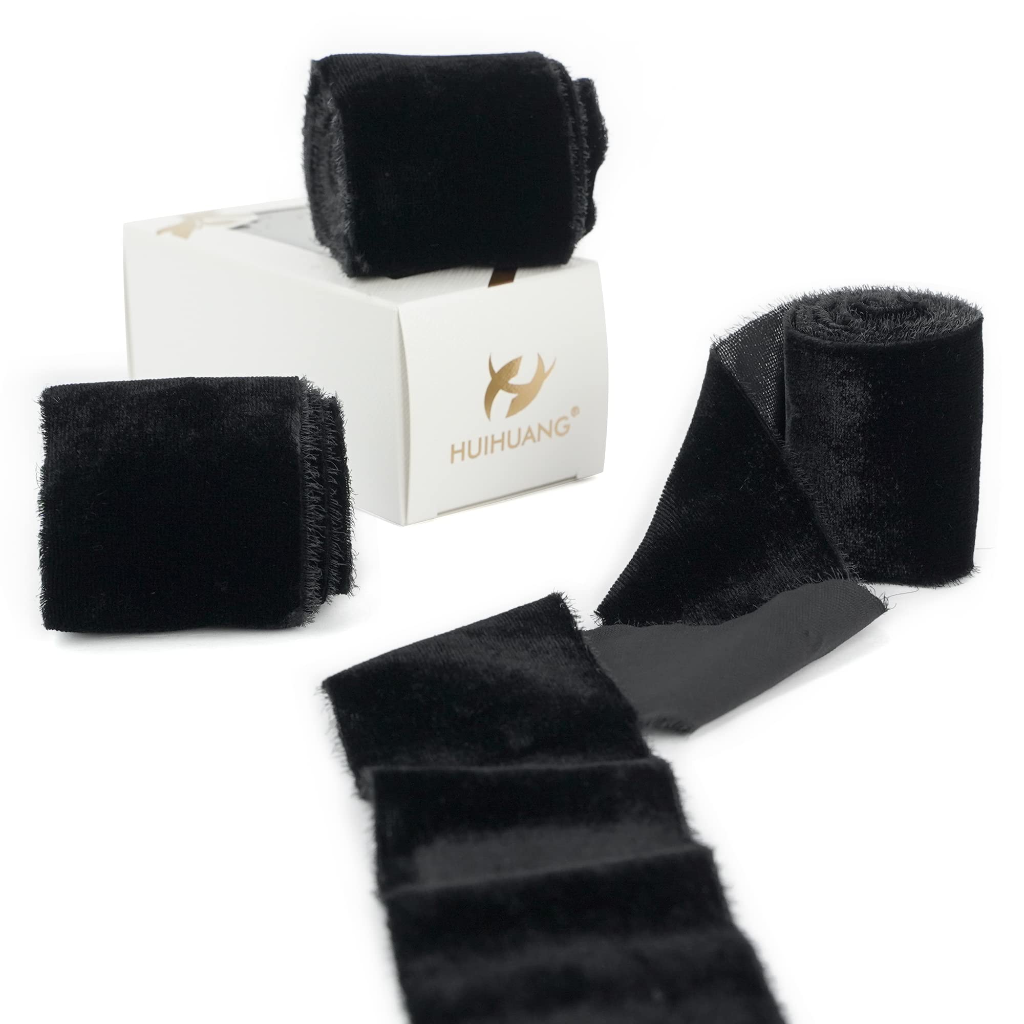 Black Silk Velvet Ribbon 2 Inch Wide - Handmade Frayed Velvet Ribbon for Wedding Bouquets, Bridal Shower Decor, Gift Wrapping, Invitations & Vow Books - Premium Quality 1 Yard Each (3 Yards Total) - Perfect for DIY Crafts & Elegant Event Decorations