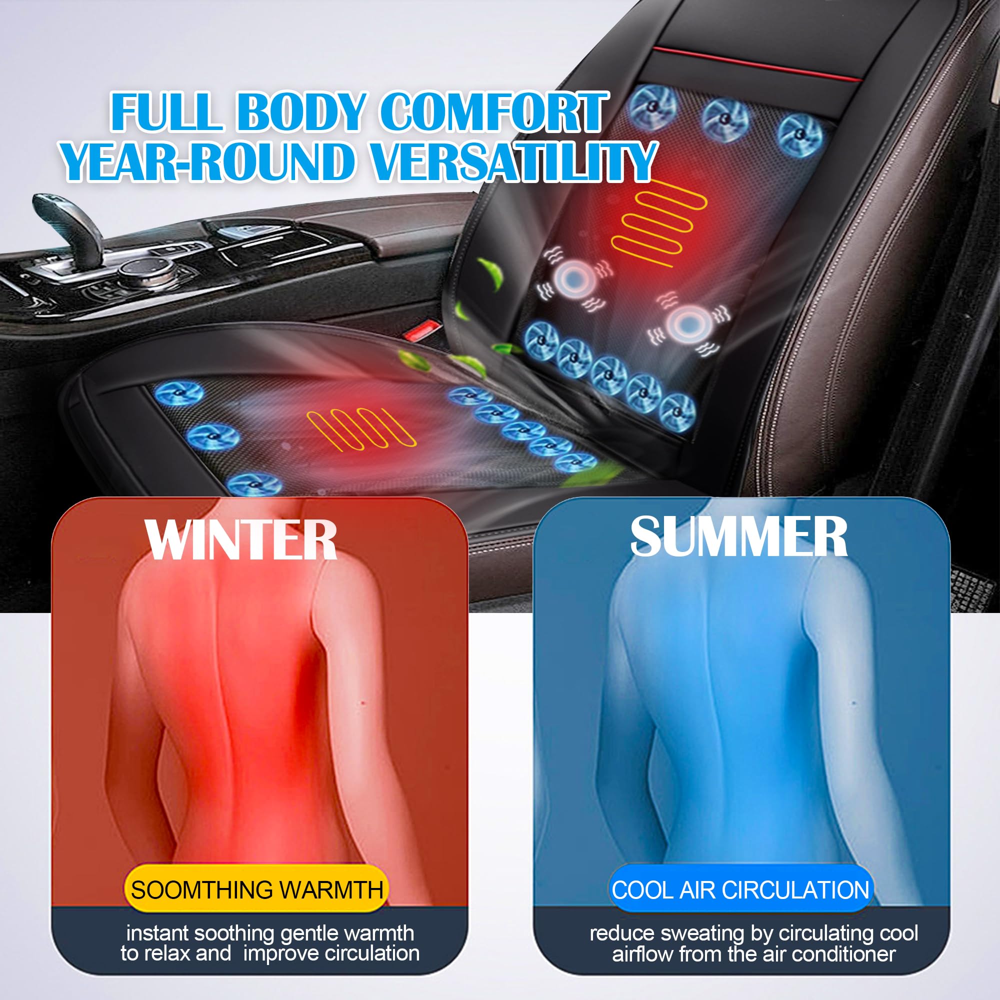 12V Cooling & Heating Car Seat Cushion with 16 Fans - Breathable Automotive Seat Cover for Summer & Winter - Massage Function Black (1PCS) | Perfect for Long Drives, Road Trips & Commuting