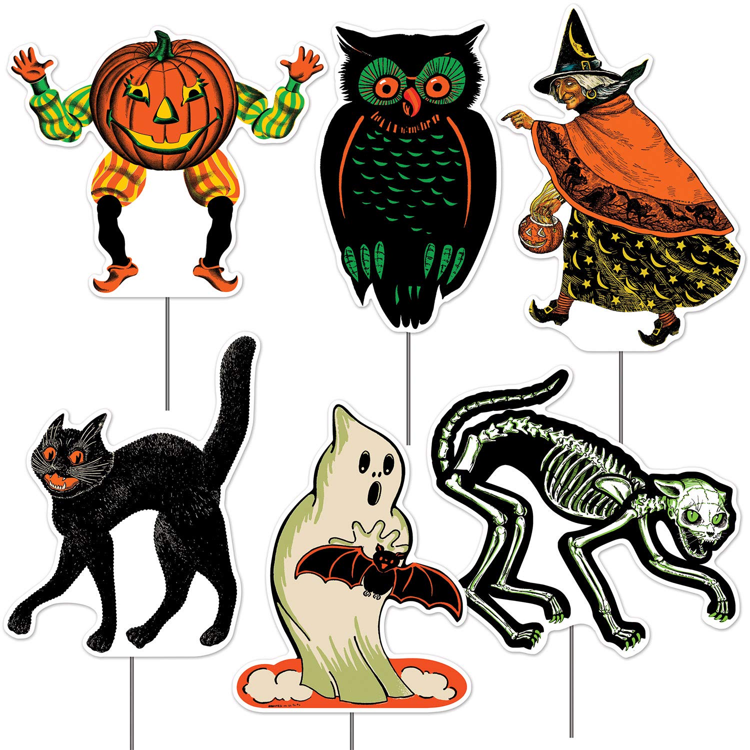 Vintage Halloween Yard Signs 6-Pack with Stakes - Cat, Witch, Ghost, Owl & JOL Plastic Outdoor Decor (11½