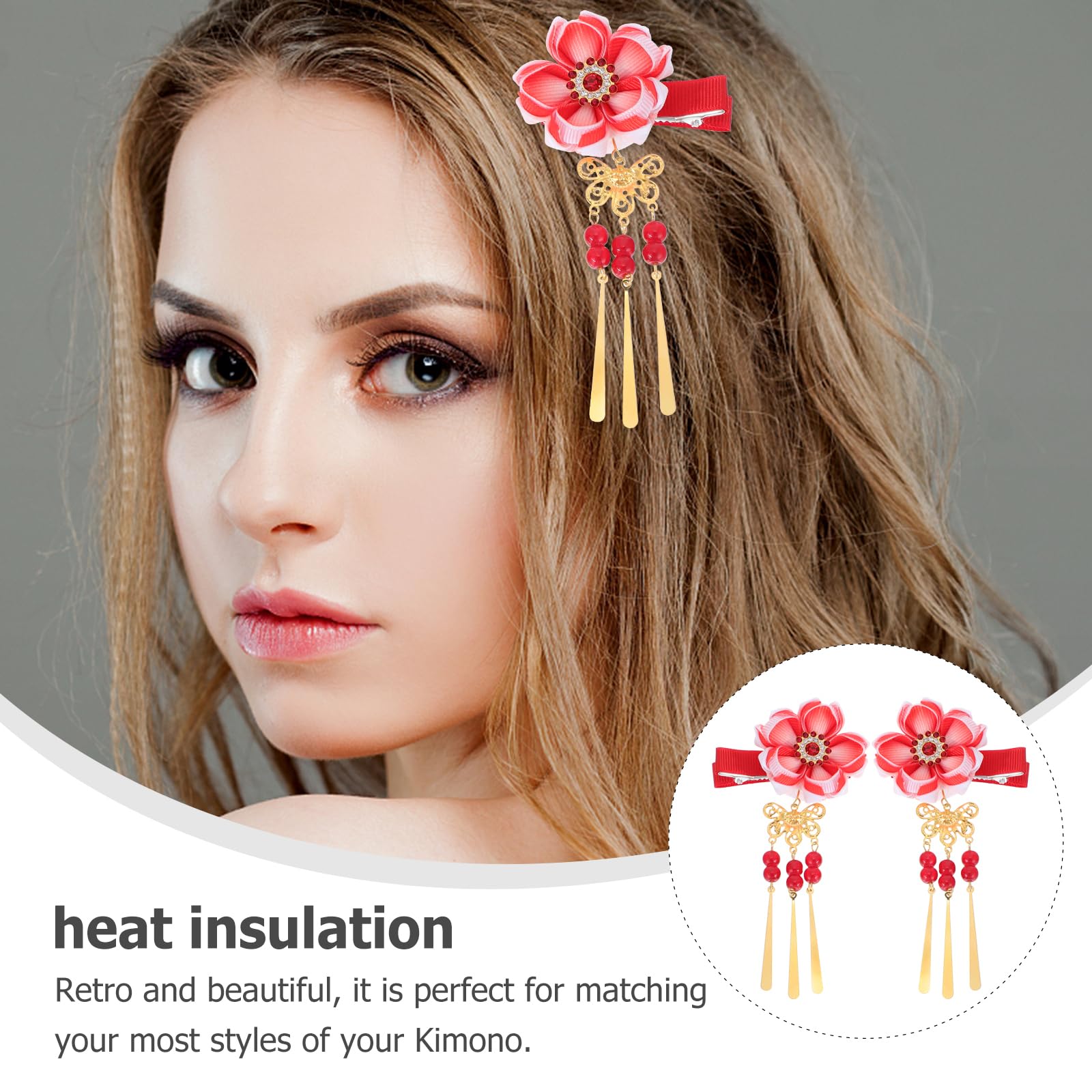 Minkissy Japanese Style Hair Clips - 1 Pair Tassel Flower Hairpins for Women & Girls, Traditional Kimono Hair Accessories, Hanfu Hair Clamps, Bridal Hair Barrettes (Red) - Perfect for Weddings, Cosplay, Tea Ceremonies & Cultural Events