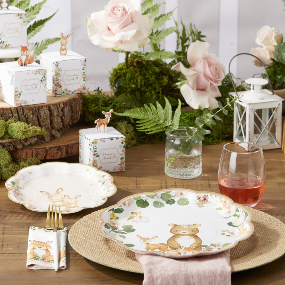 Pink Woodland Baby 62-Piece Party Tableware Set for 16 Guests | Disposable Plates, Cups & Cutlery | Perfect for Baby Showers, Birthday Parties & Themed Events