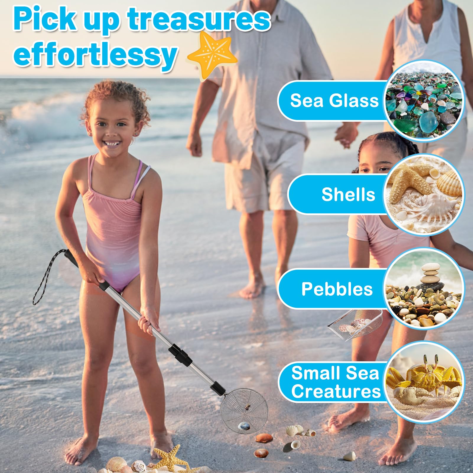 2 Pack Shark Tooth Sifter with Seashell Bags - Adjustable 21.8in to 34in Sand Sifter & Beach Shovel - Fun Beach Sand Toys for Kids & Adults - Perfect for Shell Hunting, Beachcombing & Outdoor Adventures