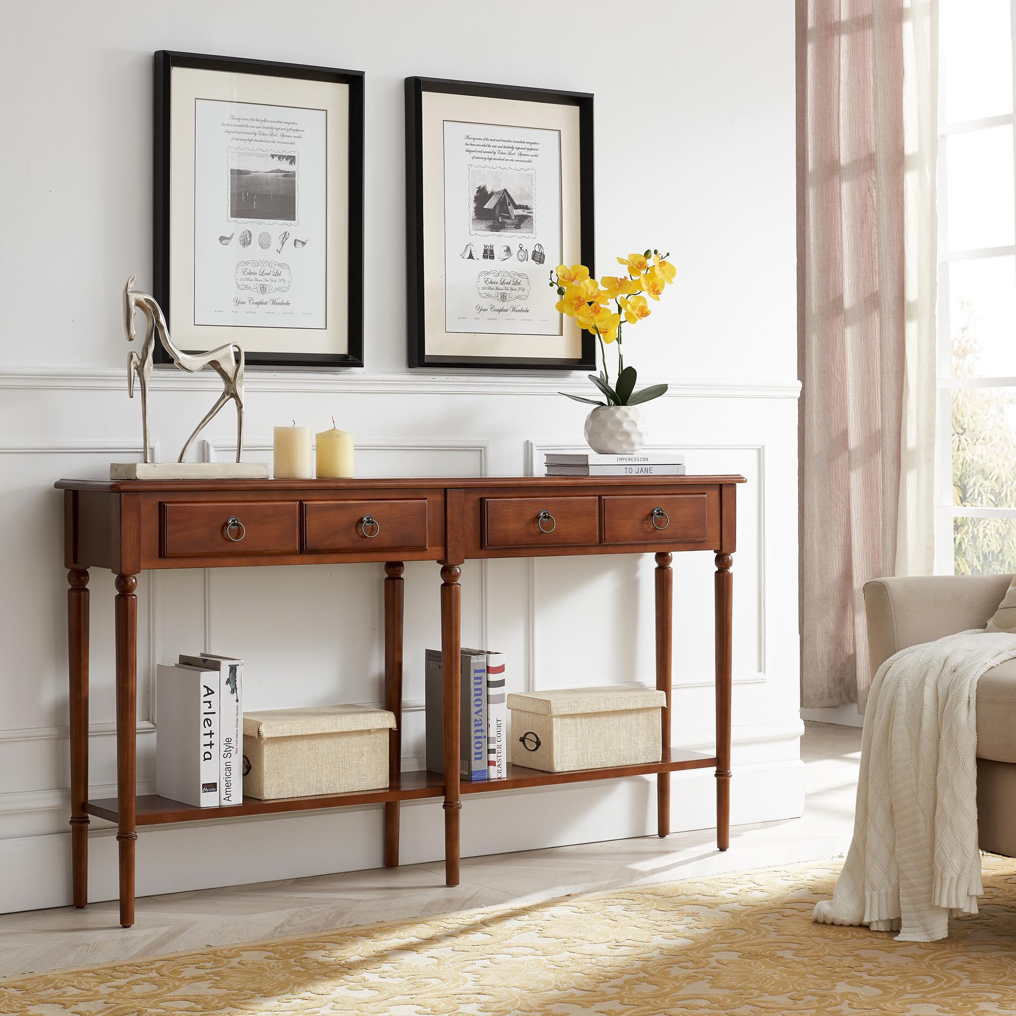 Leick Home Coastal Solid Wood Console Table with Shelf and Drawers - Rich Pecan Brown Entryway Table - Perfect for Hallways, Living Rooms & Home Decor (20028-PC) - Ideal for Farmhouse, Coastal & Modern Interior Design Styles
