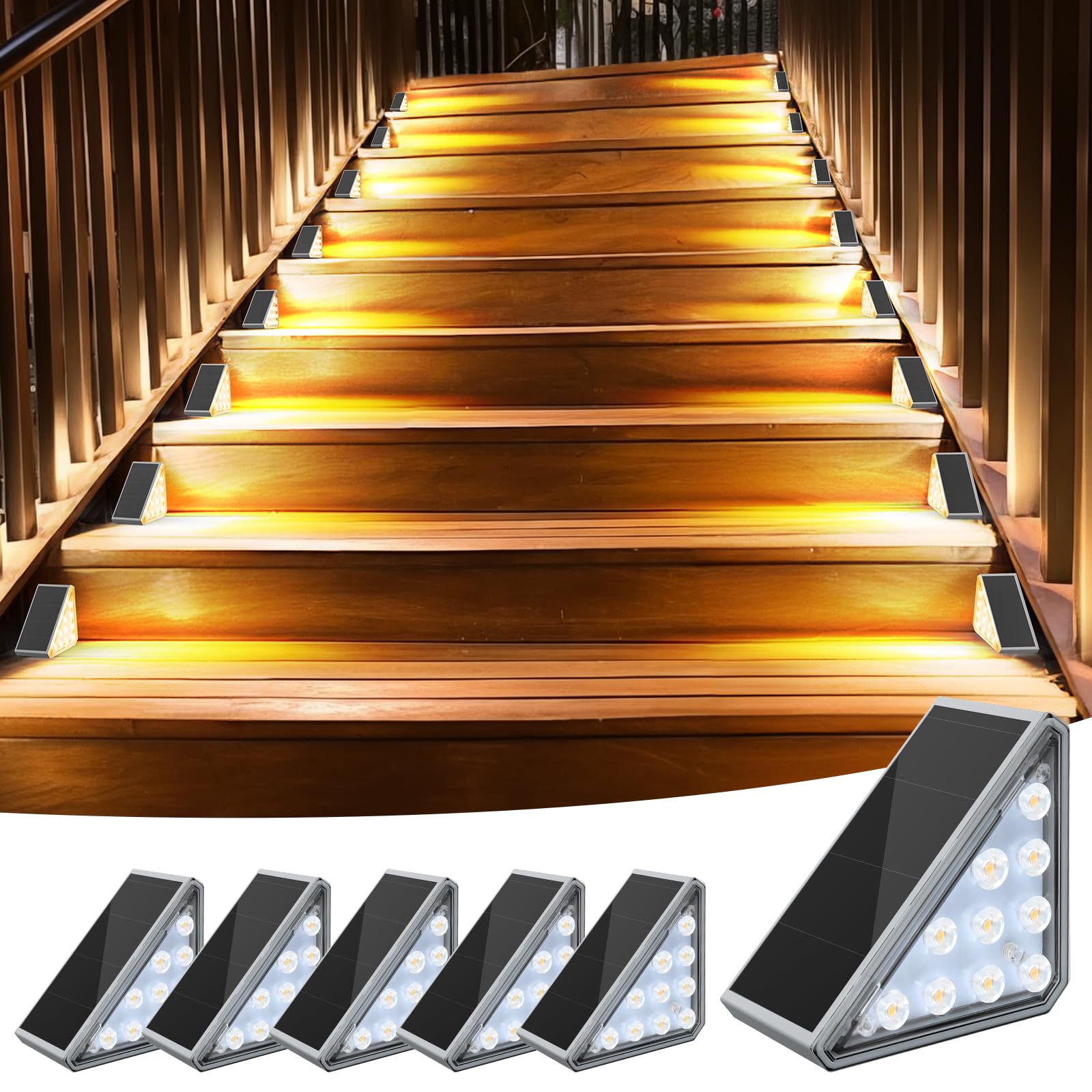 6 Pack Solar Stair Lights Outdoor - Waterproof IP67 LED Solar Pathway Lights for Stairs, Deck, Front Steps, Porch, Patio & Garden - Perfect for Nighttime Safety & Landscape Decor