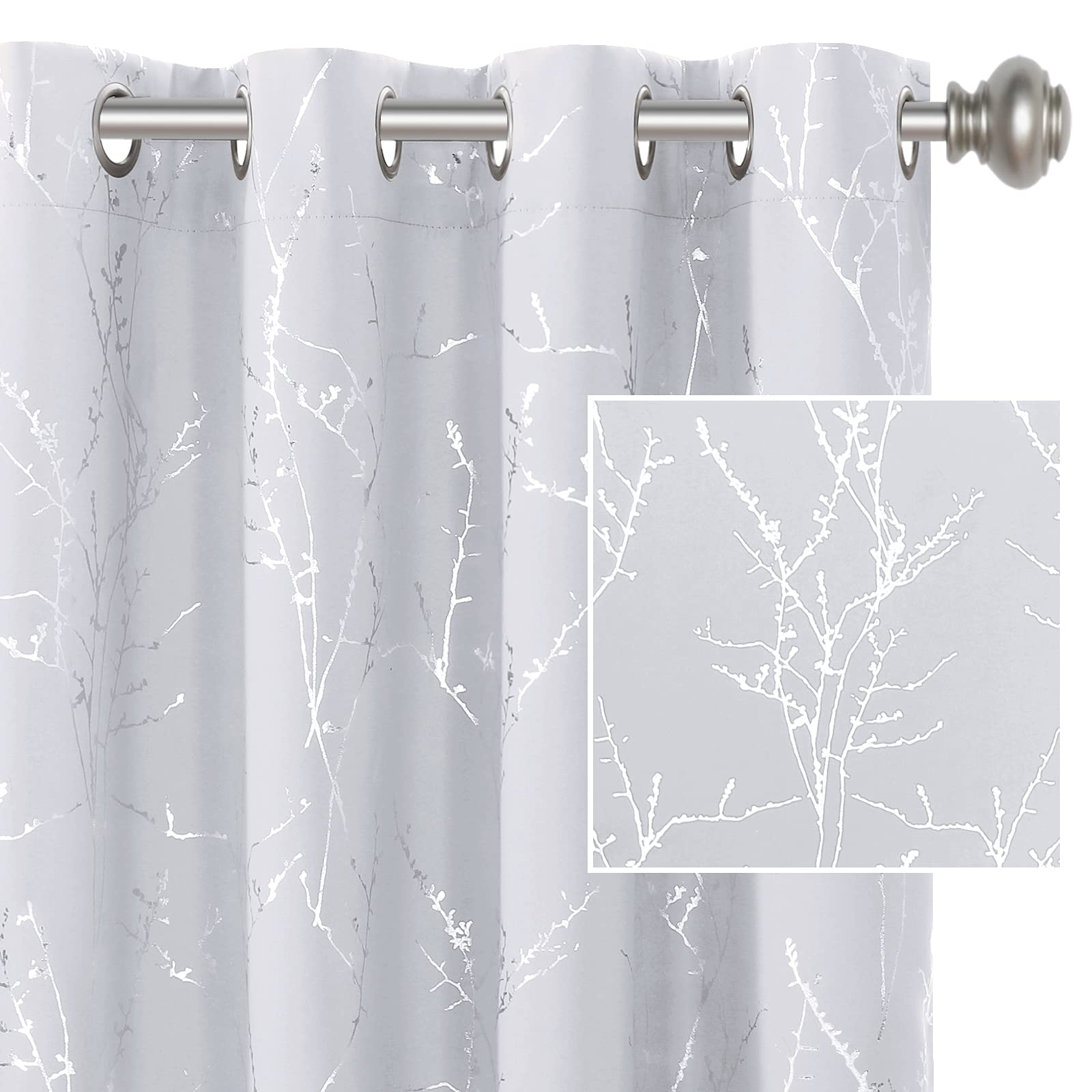 H.VERSAILTEX Blackout Curtains 52x96 Inch - Thermal Insulated Light Blocking Window Curtains with Foil Print Twig Tree Branch Design, Grommet Top for Bedroom & Living Room (2 Panels, Greyish White) - Perfect for Home Theater, Nursery & Shift Workers