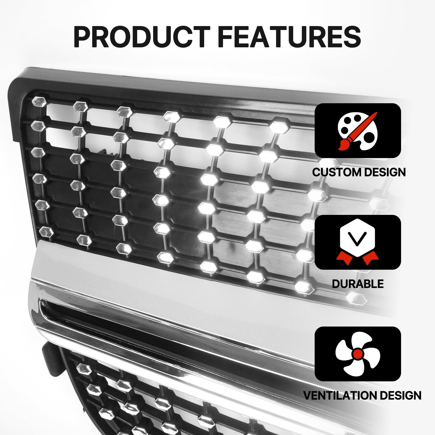 KARPAL Diamond Front Grill Chrome Compatible with 2013-2015 Mercedes-Benz X204 GLK-CLASS Silver | Premium Car Grille Upgrade for Enhanced Style & Performance | Perfect for Car Enthusiasts & Custom Builds