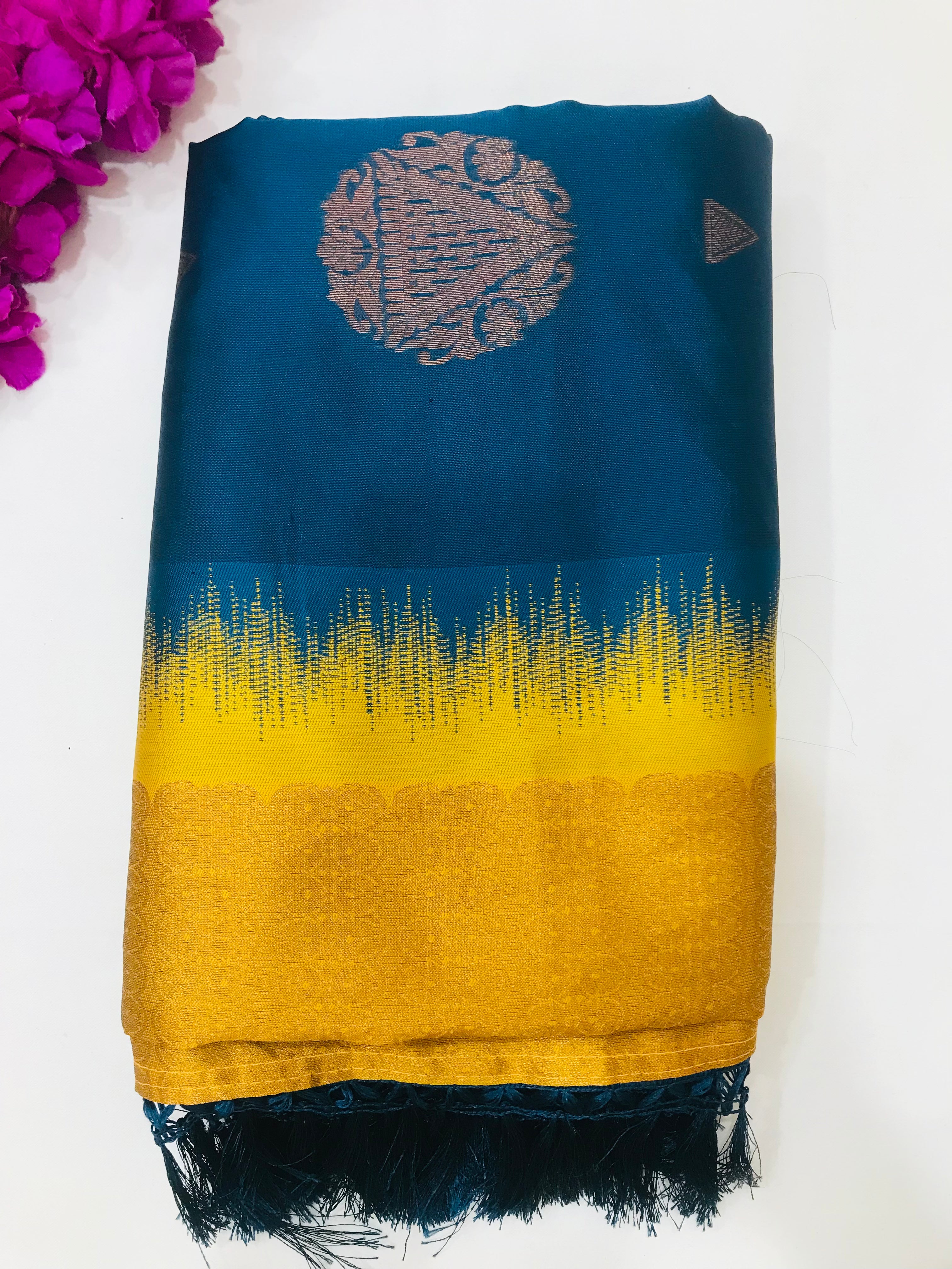 Elegant Teal Blue & Yellow Soft Silk Saree for Women with Contrast Border - Perfect for Weddings, Parties & Special Occasions