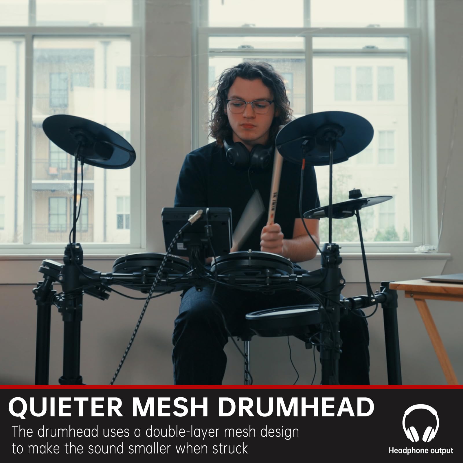 AODSK AED-403 Electric Drum Set with Quiet Mesh Pads - Best Electronic Drum Kit for Beginners & Teens - USB MIDI Connectivity, Includes Throne, Headphones & Drum Sticks - 15 Drum Kits & 195 Sounds - Perfect for Home Practice, Music Learning & Silent Jamming - Great for Bedroom Studios, Small Spaces & Apartment Living