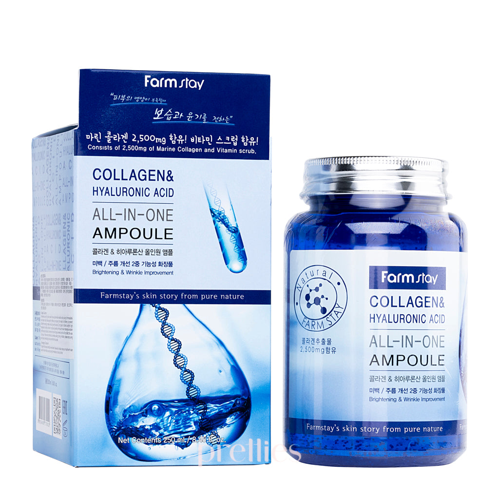 Farmstay Collagen & Hyaluronic Acid All-in-One Ampoule 250ml - Hydrating Anti-Aging Face Serum for Glowing Skin - Perfect for Daily Skincare Routine & Nighttime Moisturizing