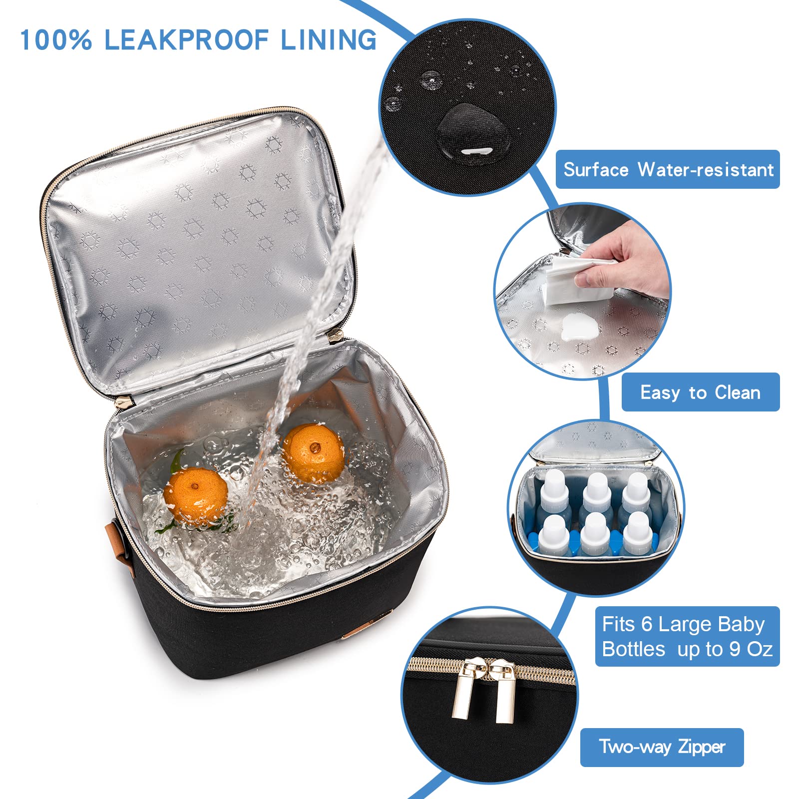 Premium Insulated Breastmilk Cooler Bag with Ice Pack - Holds 6 Baby Bottles (Up to 9oz) - Convenient Shoulder Strap for Nursing Moms - Perfect for Daycare, Work & Travel - Black