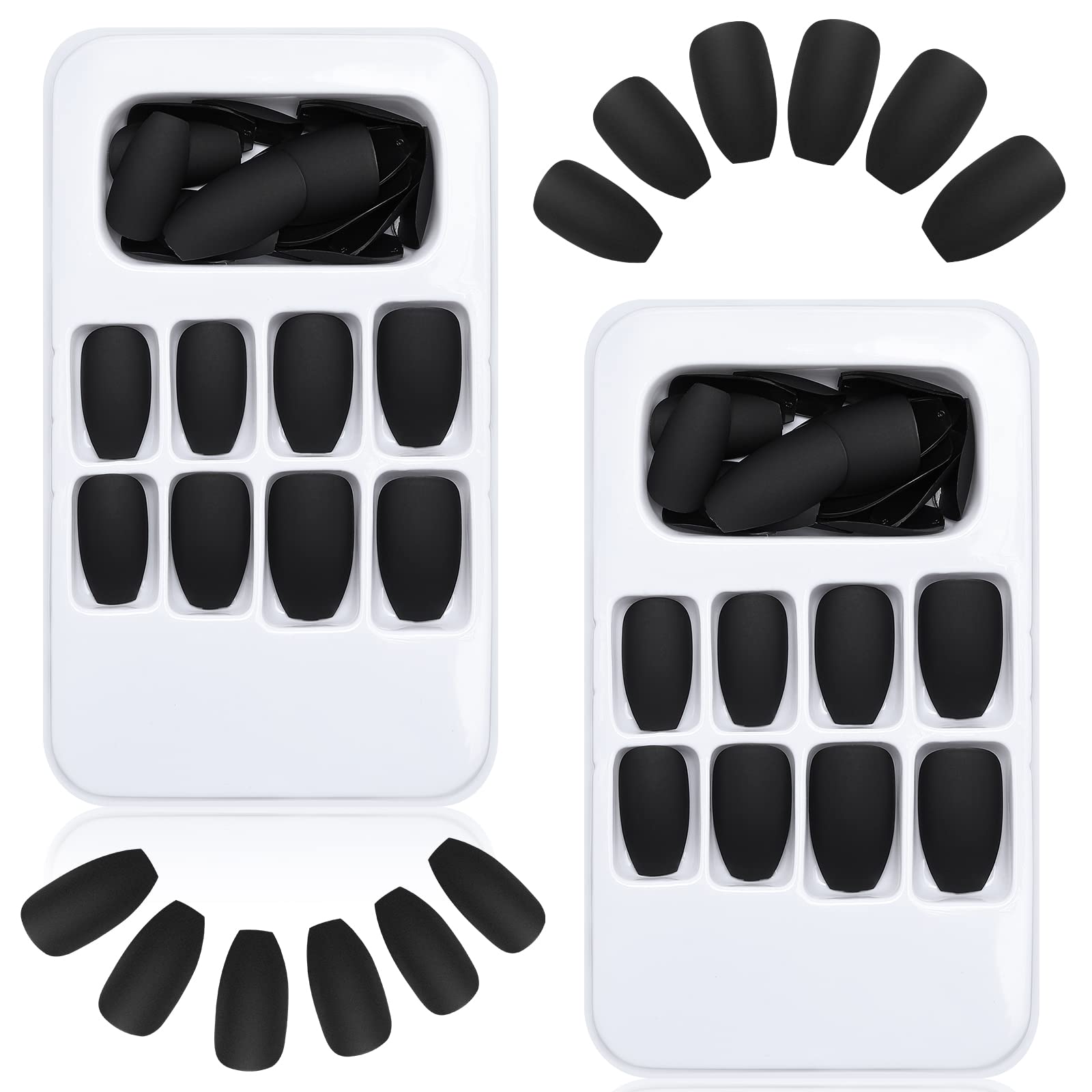 PROUSKY 48-Piece Matte Black Press-On Nails - 24 Sizes Full Cover Coffin Fake Nails, Acrylic False Nails for Women & Girls | Perfect for Parties, Weddings & Everyday Glam