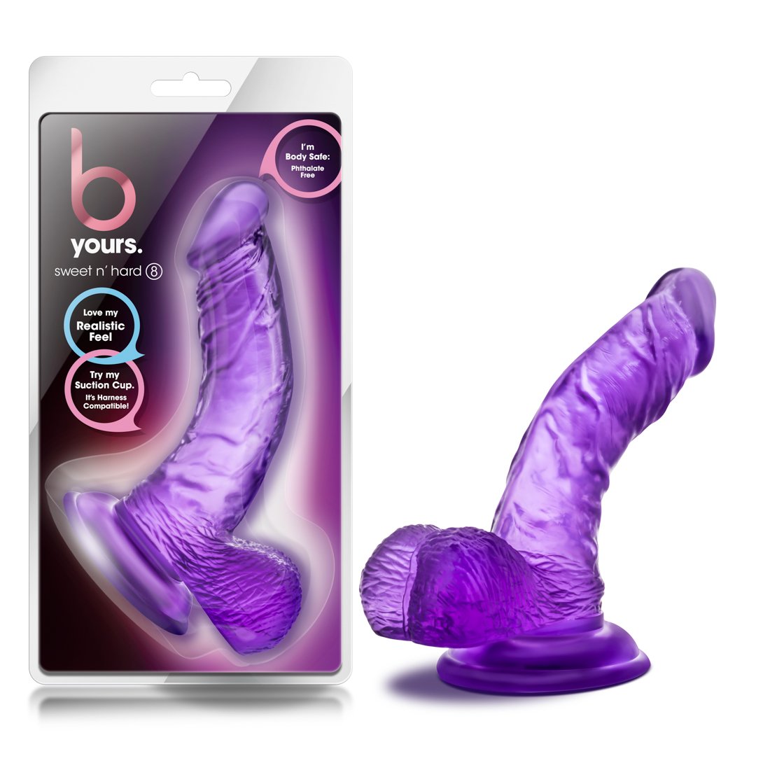Blush Novelties B Yours Sweet n' Hard 8.6 Inch Realistic Curved Dildo with Suction Cup - Soft Body-Safe Silicone Adult Toy for Couples & Solo Play - Harness Compatible, Easy to Clean - Purple - Perfect for Bedroom Fun & BDSM Exploration