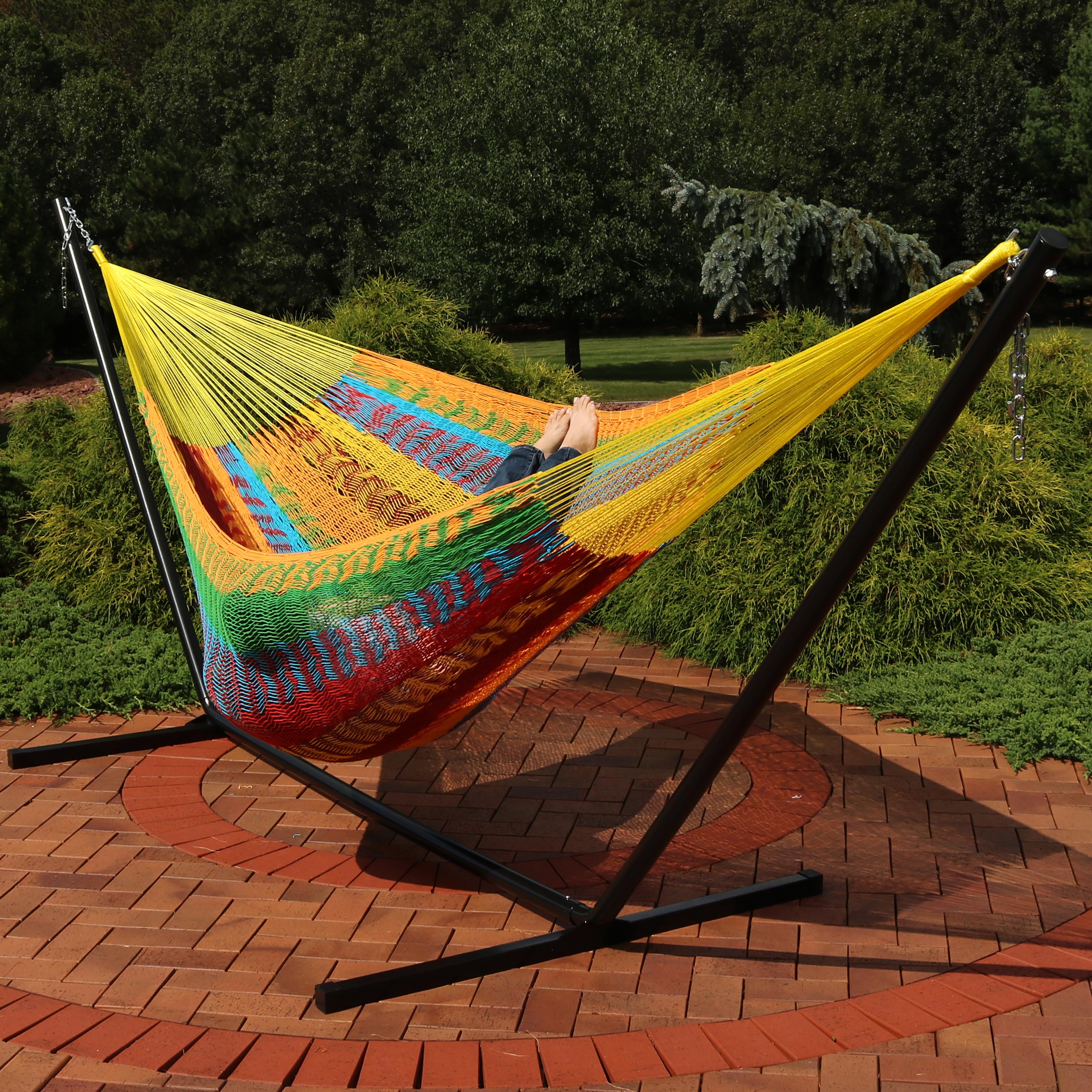 Premium XXL Handwoven Mayan Hammock with 15ft Stand - Extra Thick Cotton Rope for Maximum Comfort - Perfect for Backyard, Patio, Poolside & Outdoor Relaxation
