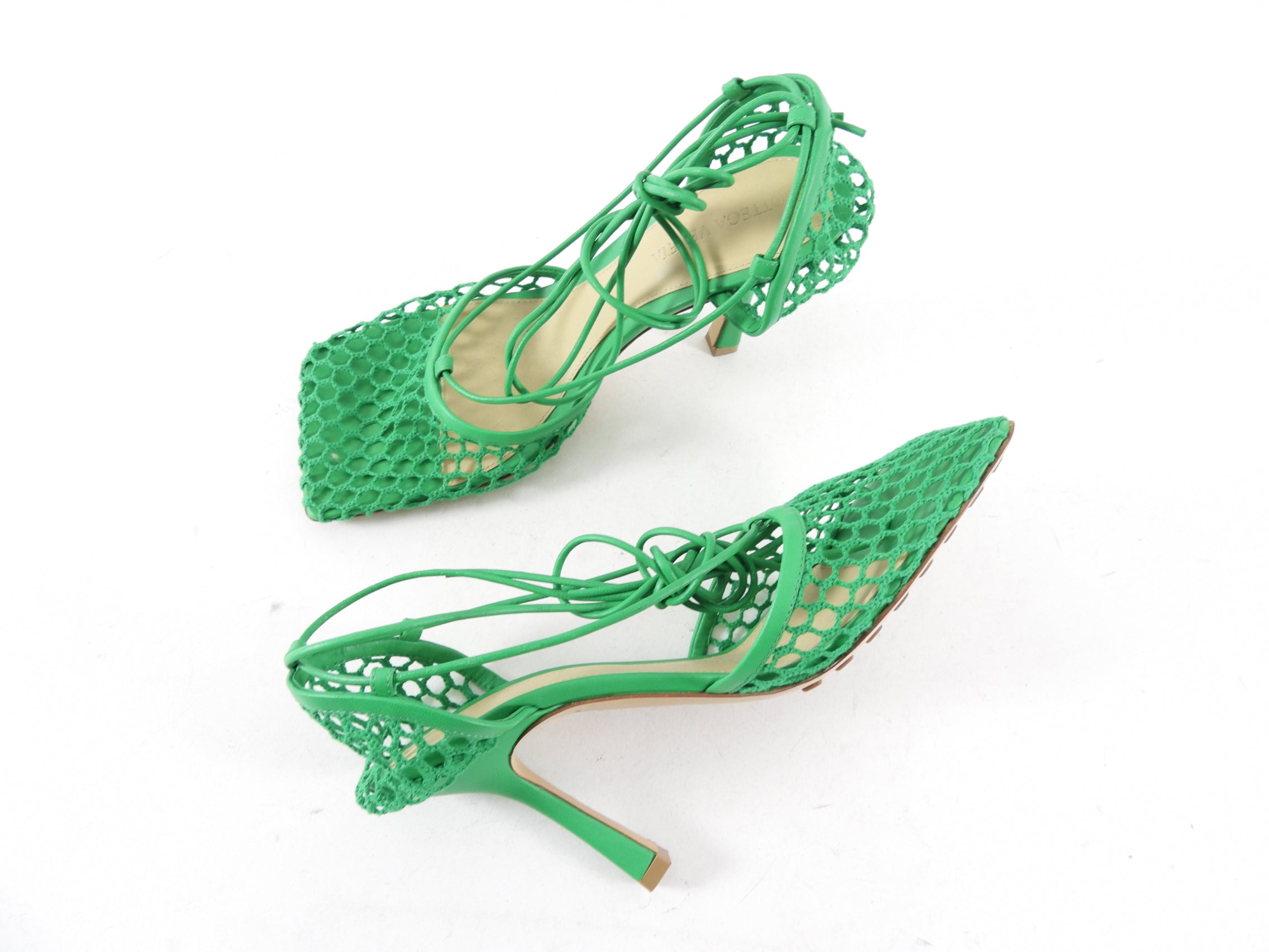 Bottega Veneta Women's Grass Green Mesh Wrap Tie Heels - Size 37.5 | Elegant Stiletto Pumps for Weddings, Parties & Evening Events
