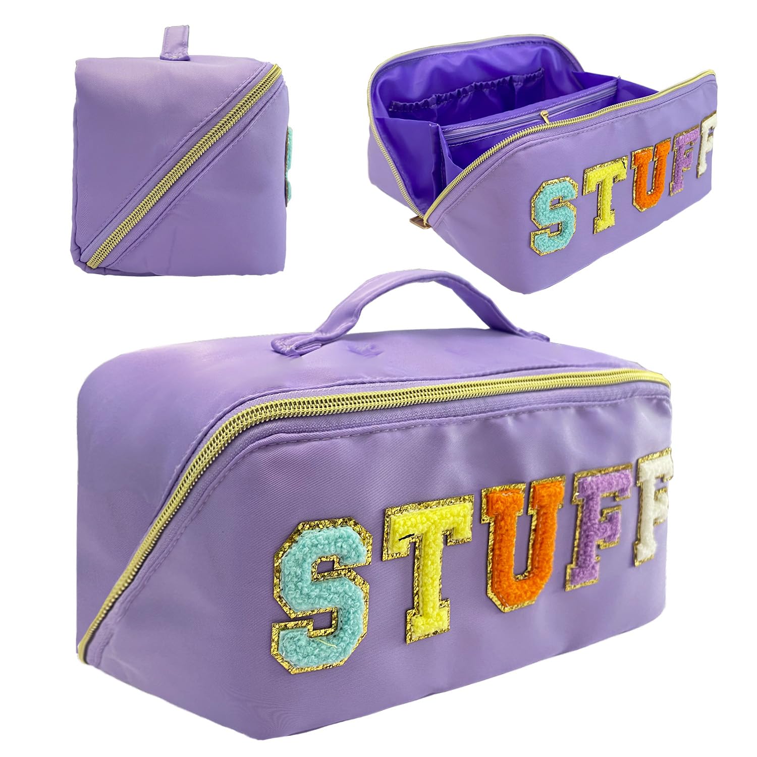 Stylish Purple Nylon Makeup Bag with Chenille Letter - Preppy Cosmetic Pouch for Travel & Daily Use | Stoney Clover Inspired Varsity Letter Pouch, Toiletry & Belt Bag for Women & Teens | Perfect for School, Gym, Vacation & Gift Giving