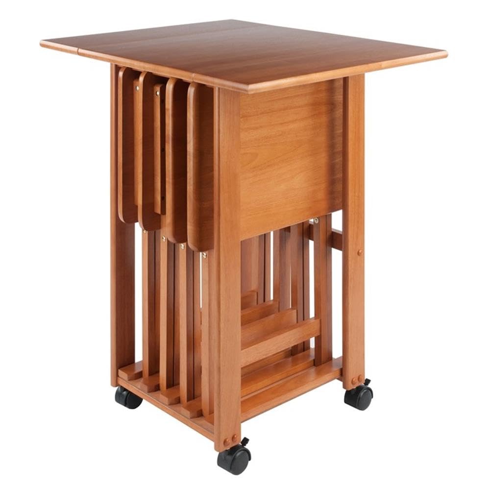 Winsome Sophia 4-Piece Drop Leaf Snack Table Set - Mobile Stand for Living Room, Patio & Outdoor Use - Teak Wood Side Tables - Perfect for Entertaining, Coffee Break & Small Space Dining