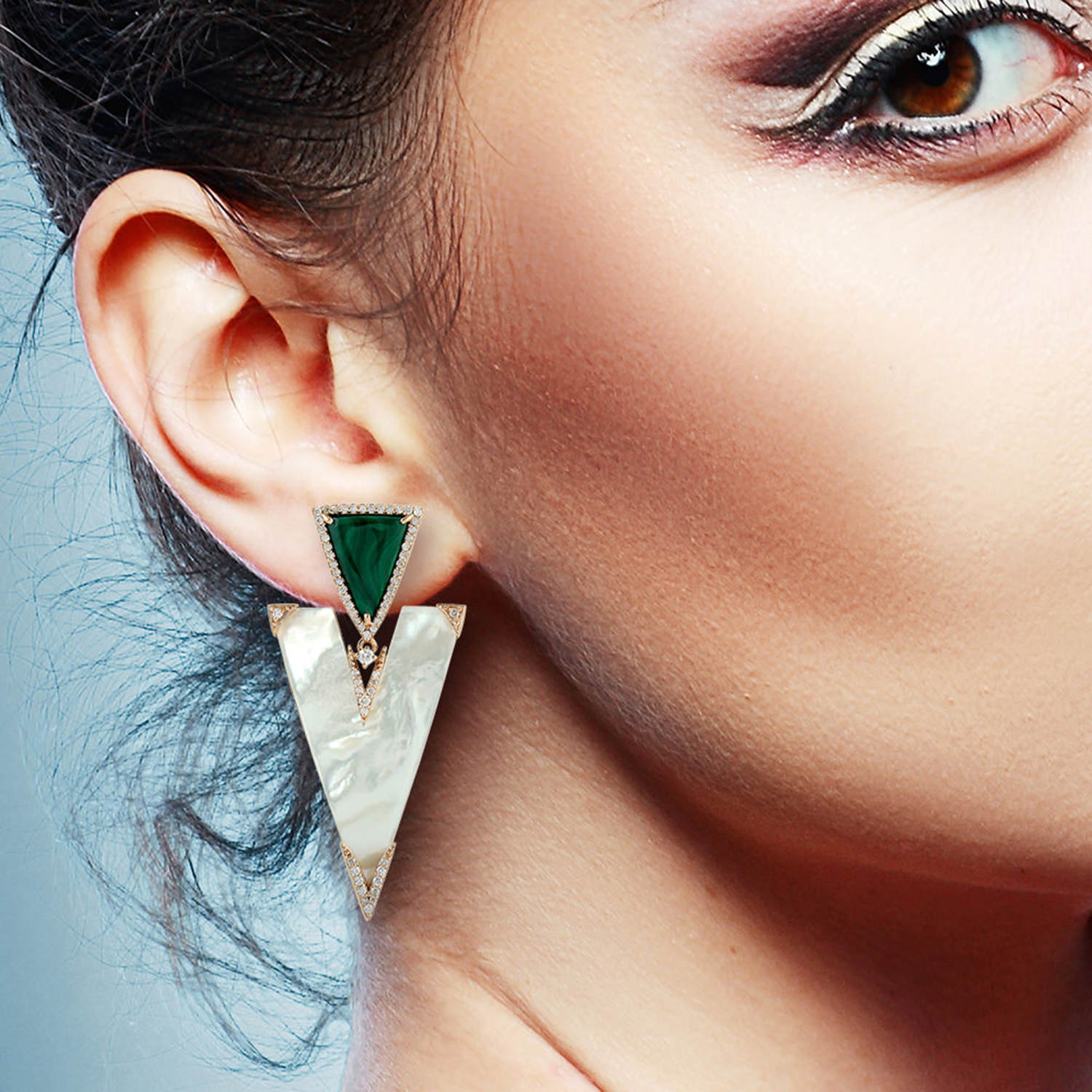 18K Rose Gold Designer Dangle Earrings with Fancy Cut MOP, Malachite and Pave Diamonds - Elegant Jewelry for Parties, Weddings & Special Occasions